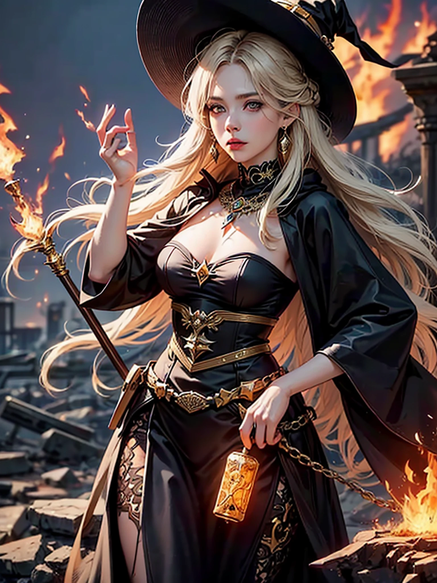 Dressed in a witch costume holding a bright wand, female mage conjuring a spell, dark fantasy female mage, female sorceress portrait, beautiful female sorceress, female mage, female fire mage, fire mage character