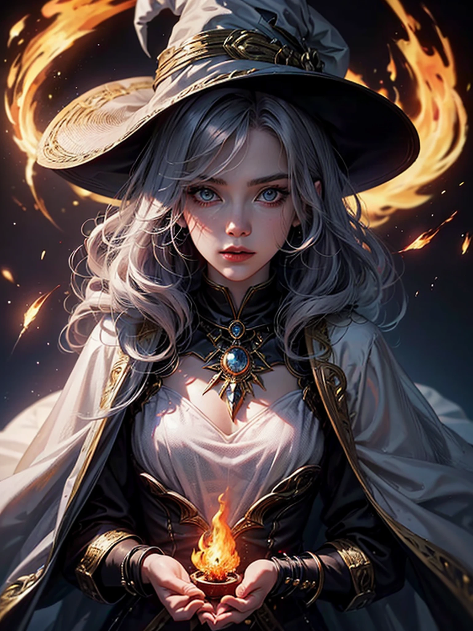 Dressed in a witch costume holding a bright wand, female mage conjuring a spell, dark fantasy female mage, female sorceress portrait, beautiful female sorceress, female mage, female fire mage, fire mage character