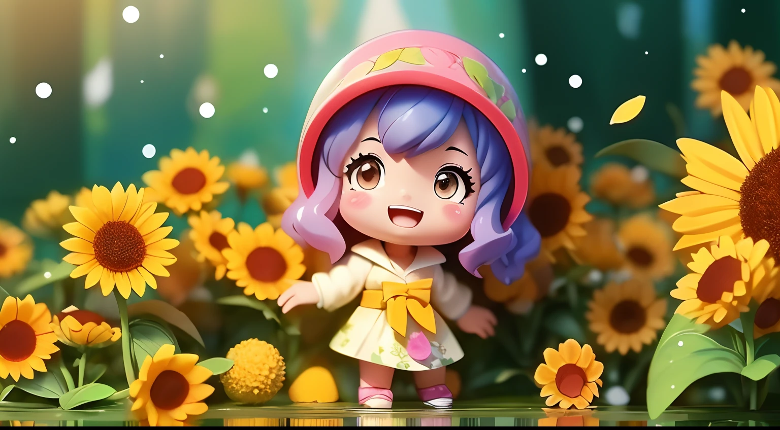 photoRealstic、Doll standing in front of the painting（nendroid）、swim wears、laugh face、Water droplets on the cheeks、Take an outstretched pose、Sengai、pixiv、rokoko、dollfie dream、watercolor Nendoroid、(High Definition Figure)、Flowing iridescent silk、up of face、There are also flowers in front of the nendroids、Sunflower petals、season!!: 夏☀ 🍂 ヒマワリ
