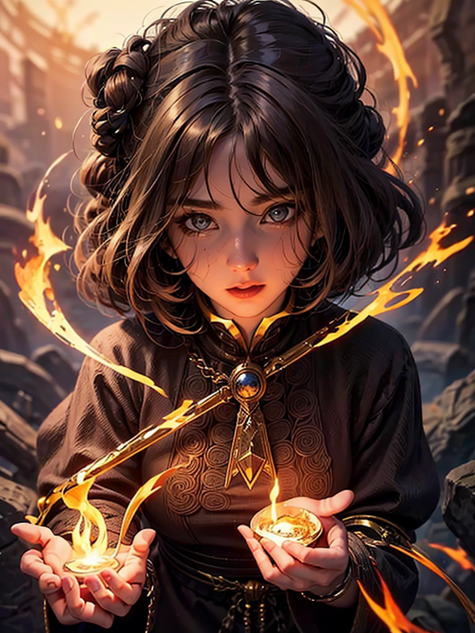 Dressed in a witch costume holding a bright wand, female mage conjuring a spell, dark fantasy female mage, female sorceress portrait, beautiful female sorceress, female mage, female fire mage, fire mage character