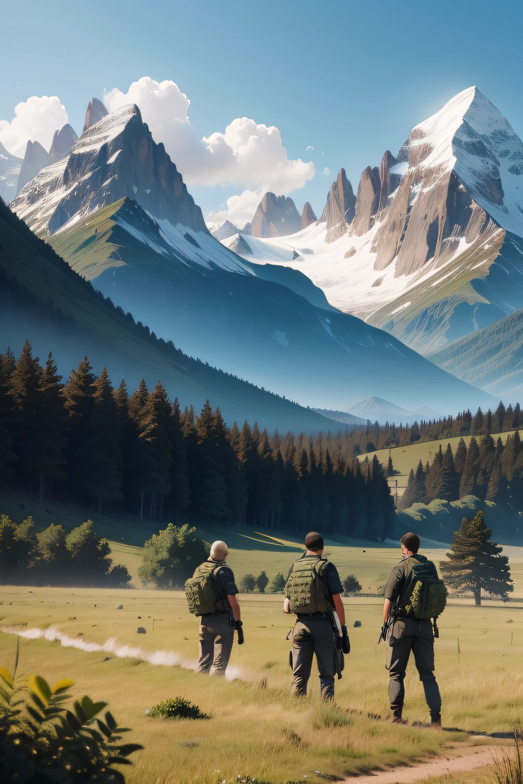 iamgine a field full of people playing airsoft with many mountains in the background and a vegetation 2 teams one of black the sicarios and those of green Monteiro