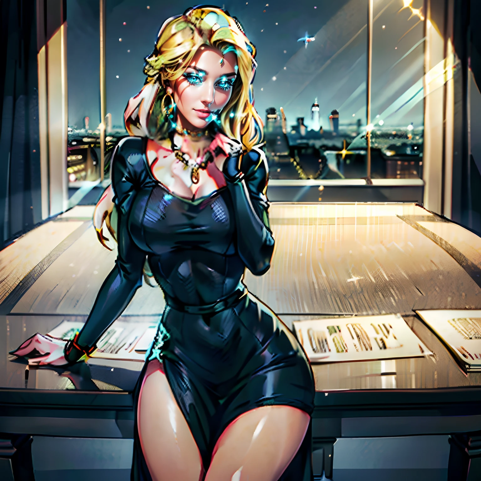 1 Caucasian woman 30 years (face with French, British, German features), long blonde hair, turquoise blue eyes, proportional body, sparkling black dress golden earrings gold necklace, looking unpretentiously at the viewer, best quality, ultra-realistic photo HD 8k detailed, sitting at the table of the Ritz in New York at night, best smile, cinematic light, natural lighting, ultra high resolution, best shadow, close-up 1:2