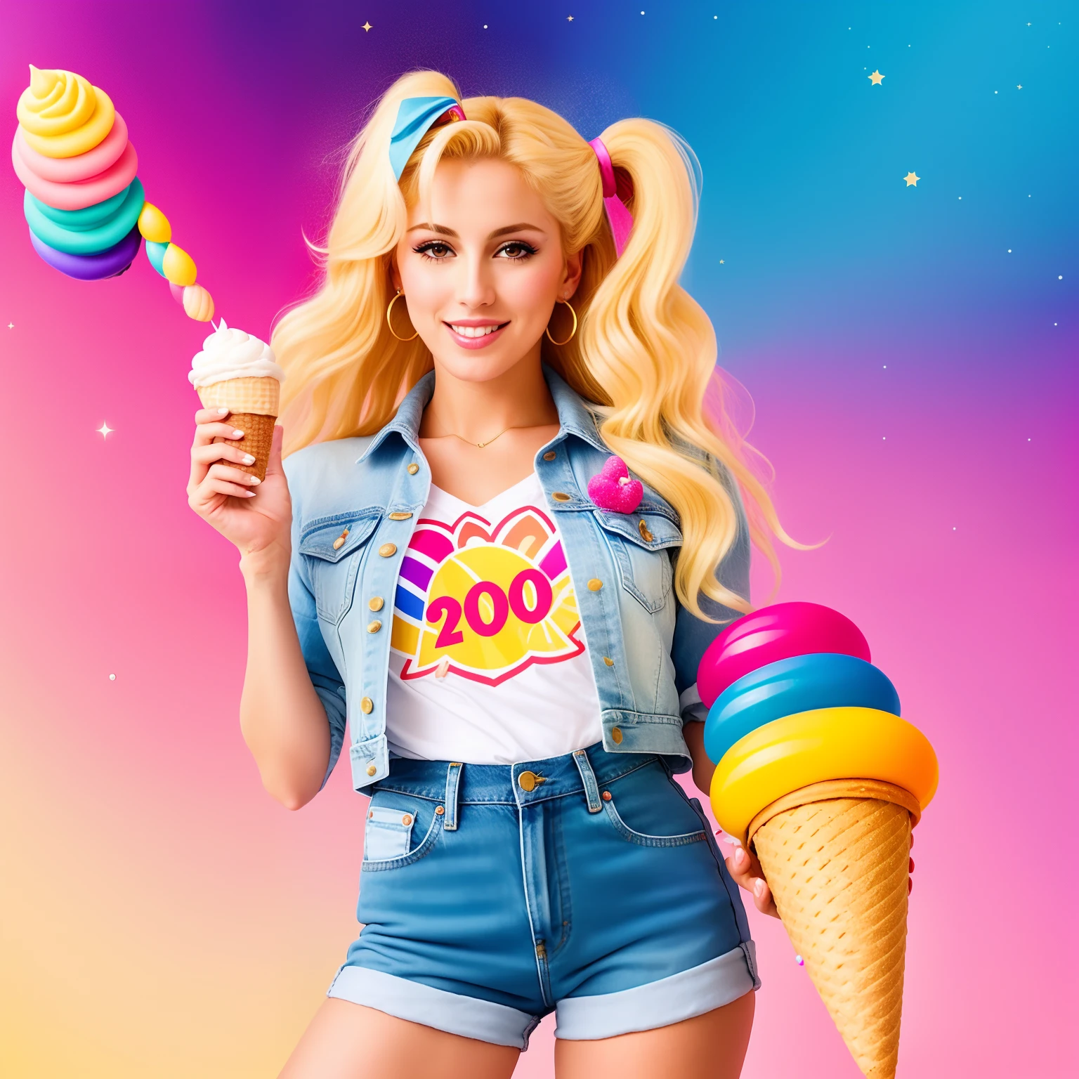 "(Mature and realistic portrayal:1.2) Sailor Moon exuding confidence as she holds an ice cream cone, her blonde hair cascading down, adorned in stylish rainbow denim clothes from the 2000s, with a backdrop filled with sprinkles."