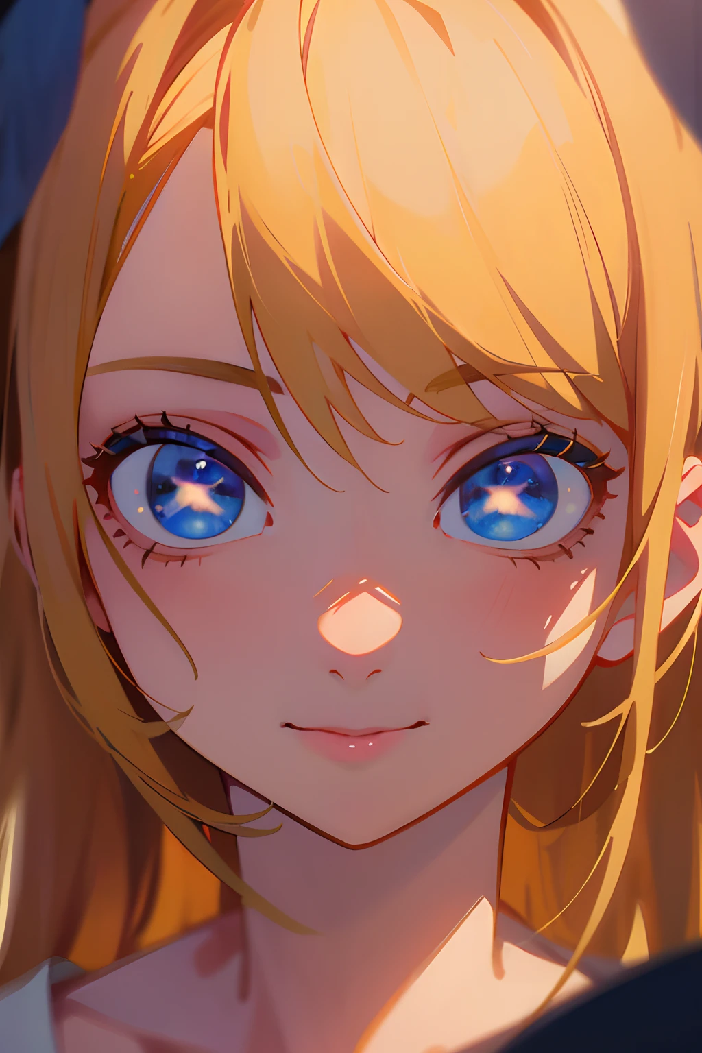 masterpiece、top-quality、portrait painting of 1girl、a smile、a blond、blue eyess、A detailed eye、long lashes、二重まぶた、collarbone visible、beautiful countenance、de pele branca,8k,RAW photo,(photo realistic:1.2)
