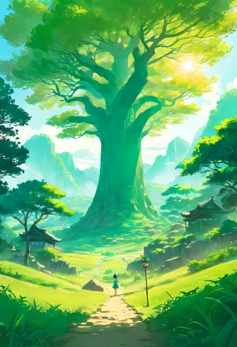 Chinese Landscape Ink Painting Low Angle Perspective OC Rendered Sculpture, green savana, one big tree, morning vibes with sun, 4K