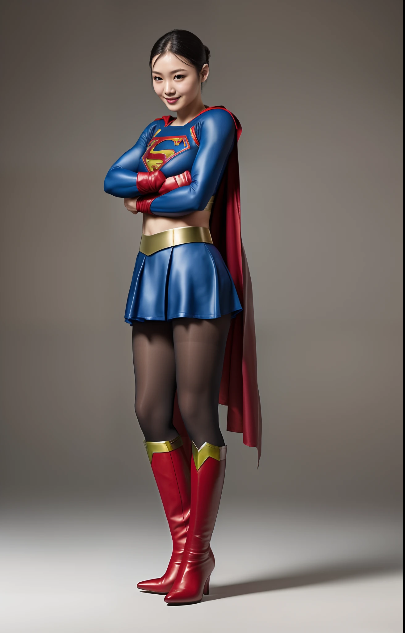 (((Make the most of the original image)))、(((Supergirl Costume)))、(((lustrous dark hair)))、(((Suffering)))、(((Feet must necessarily be worn with black tights)))、(((You need to wear red boots)))、((Top image quality、8K))、((top-quality、8K、masterpiece:1.3))、Crisp focus:1.2、Beautiful woman with perfect body shape:1.4、Slender Abs:1.2、((layers-Cut、large boob:1.2))、a wet body:1.5、Highly detailed facial and skin texture、
