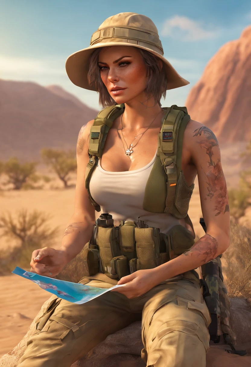 A photo of a female soldier, 50 yo, gorgeous stunning face, bobcut wavy flowing hair, (skinny body), (cleavage:1.1), wears boonie hat, wears desert camo armor vest, wears tan pants, dripping sweat on skin, realistic skin complexion, freckles, (reading a map), BREAK in a desert, hot and humid, blowing wind, 8k, hdr:1.2, ultra realistic photo, photorealistic, (volumetric lighting), soft diffused shadows, ultra defined textures, realistic reflection effect, (masterpiece), realistic diffused lighting, (ambient occlusion), (intricate details), bloom, best quality, (raytracing), vivid color tone, (highly detailed and realistic skin)