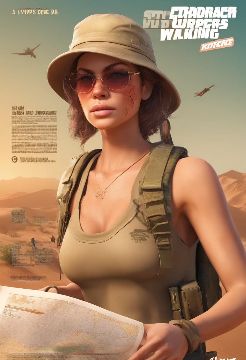 A photo of a female soldier, 50 yo, gorgeous stunning face, bobcut wavy flowing hair, (skinny body), (cleavage:1.1), wears boonie hat, wears desert camo armor vest, wears tan pants, dripping sweat on skin, realistic skin complexion, freckles, (reading a map), BREAK in a desert, hot and humid, blowing wind, 8k, hdr:1.2, ultra realistic photo, photorealistic, (volumetric lighting), soft diffused shadows, ultra defined textures, realistic reflection effect, (masterpiece), realistic diffused lighting, (ambient occlusion), (intricate details), bloom, best quality, (raytracing), vivid color tone, (highly detailed and realistic skin)