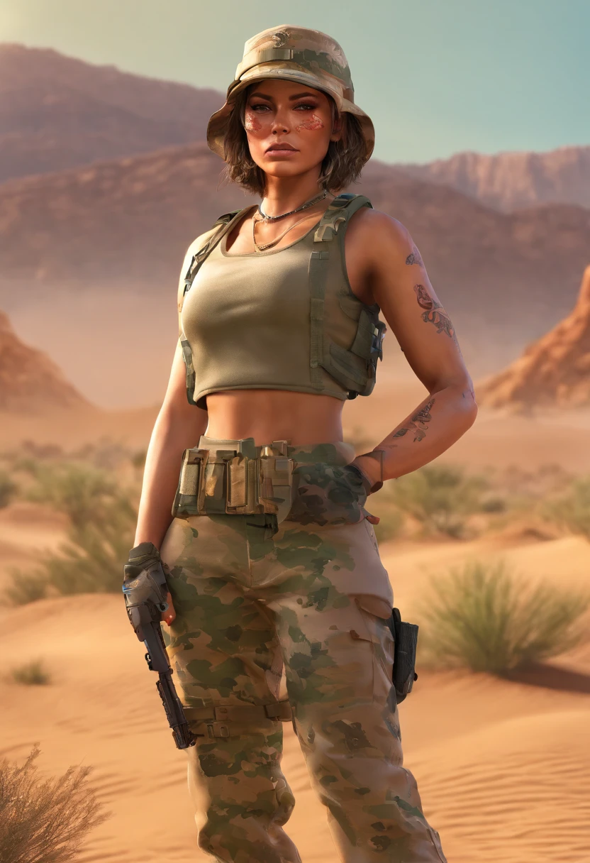 A photo of a female soldier, 50 yo, gorgeous stunning face, bobcut wavy flowing hair, (skinny body), (cleavage:1.1), wears boonie hat, wears desert camo armor vest, wears tan pants, dripping sweat on skin, realistic skin complexion, freckles, (reading a map), BREAK in a desert, hot and humid, blowing wind, 8k, hdr:1.2, ultra realistic photo, photorealistic, (volumetric lighting), soft diffused shadows, ultra defined textures, realistic reflection effect, (masterpiece), realistic diffused lighting, (ambient occlusion), (intricate details), bloom, best quality, (raytracing), vivid color tone, (highly detailed and realistic skin)