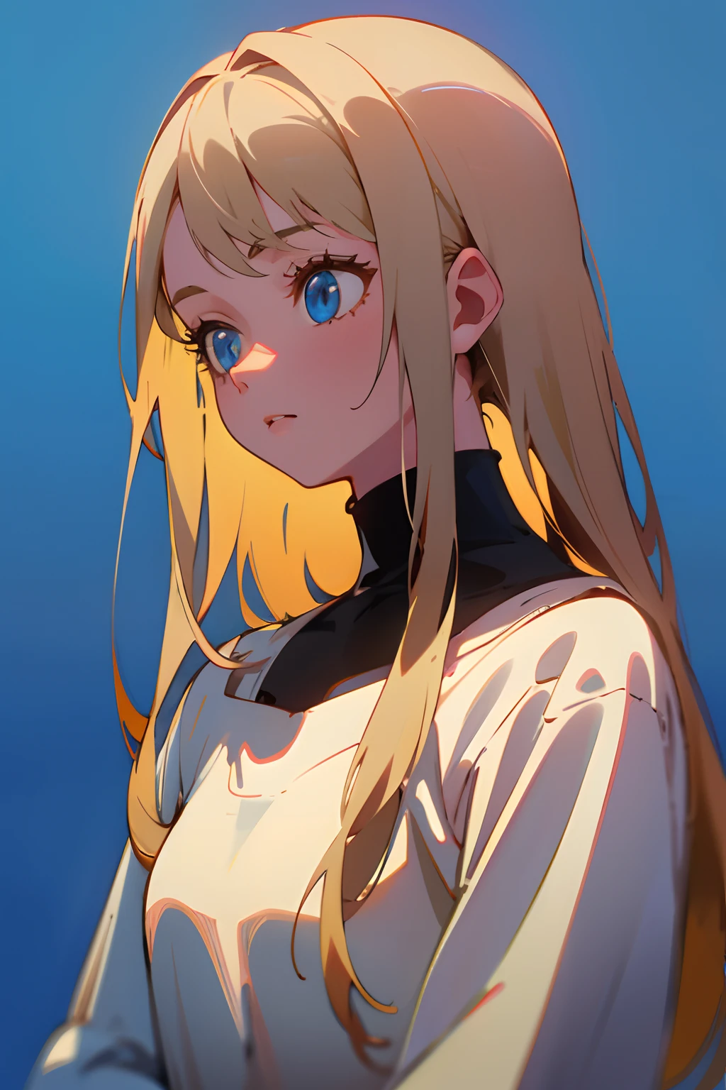 a 20-year-old woman, long blonde hair, blue eyes, dark theme, soft tones, soft colors, high contrast, (natural skin texture, hyperrealism, soft, sharp light), blue background, simple background,
