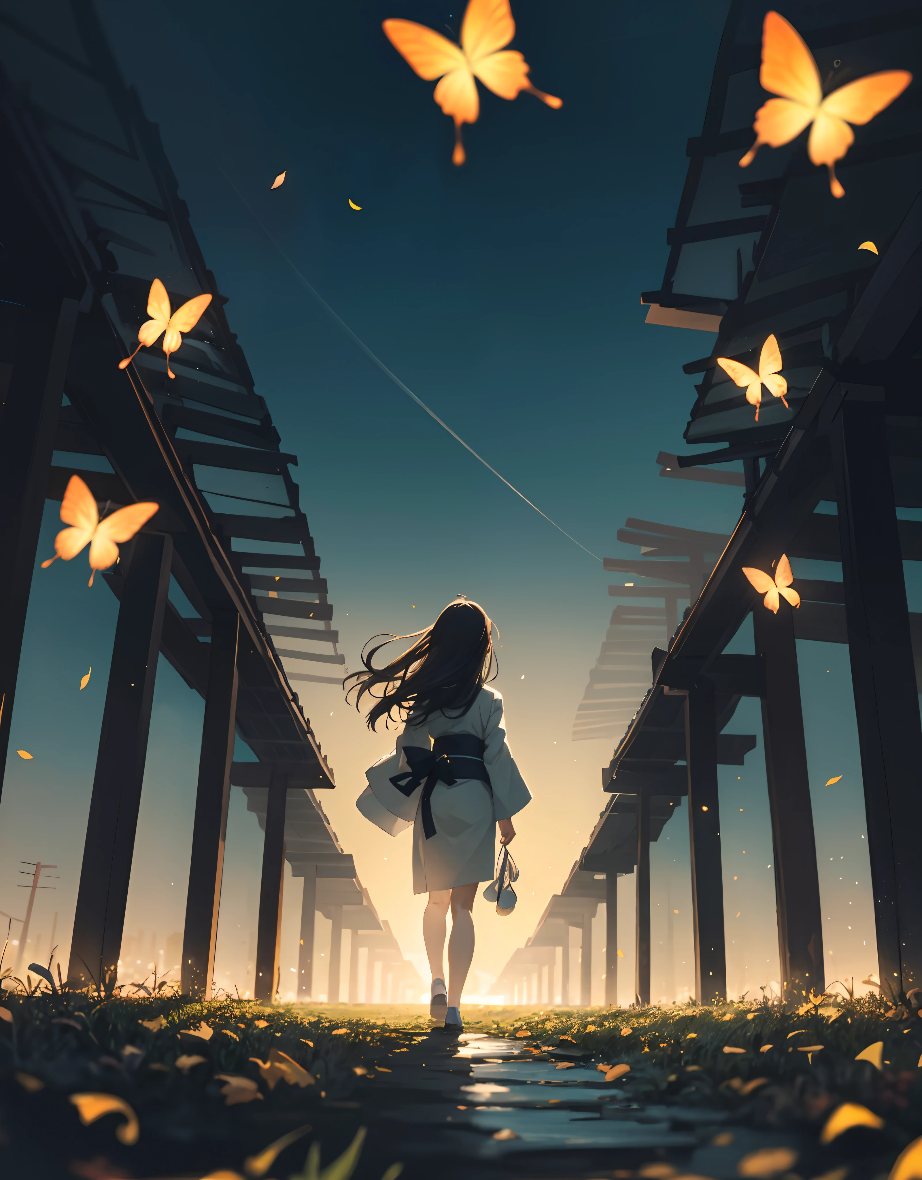 Landscape, Anime landscape field of glow flowers and  glow butterfies flying around in the standing back japanese girl with yukata, butterflies, many lots of glow butterflies, fireflies, many lots of fireflies, makoto shinkai, kimi no nawa meteor, anime art wallpaper 4k, Top quality masterpiece, deep focus, macro shot, fliying fireflies, lots lamp, falling leaf, falling leaf is a smooth glow light, glow, anime, object, girl (girl walking a long masterpiece) (long object), color combination masterpiece, glow light, dark morning, reflection, beautiful anime scene, japanese concept landscape art, volumetric lighting, bokeh, anime beautiful peace scene, many lots of fliying butterfly glow, pure lanscape, 4k beautiful anime, intricate, elegant, point of interest photography, perfect dark morning landscape anime (masterpiece, side glow lighting, finely detailed beautiful clear dark lanscape), long hair, lots of hair, ray of light, rule of third photography, point of interest photography, perfect landscape color tone, leaf, falling leaf, Fog, saturation glow light, solid sky, wonderful composition