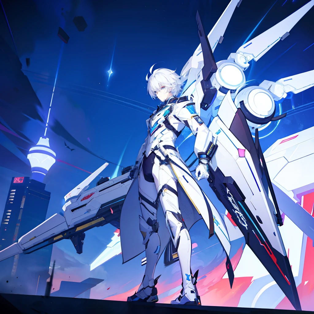 A white hair boy in a mech suit set in the honkai star rail world