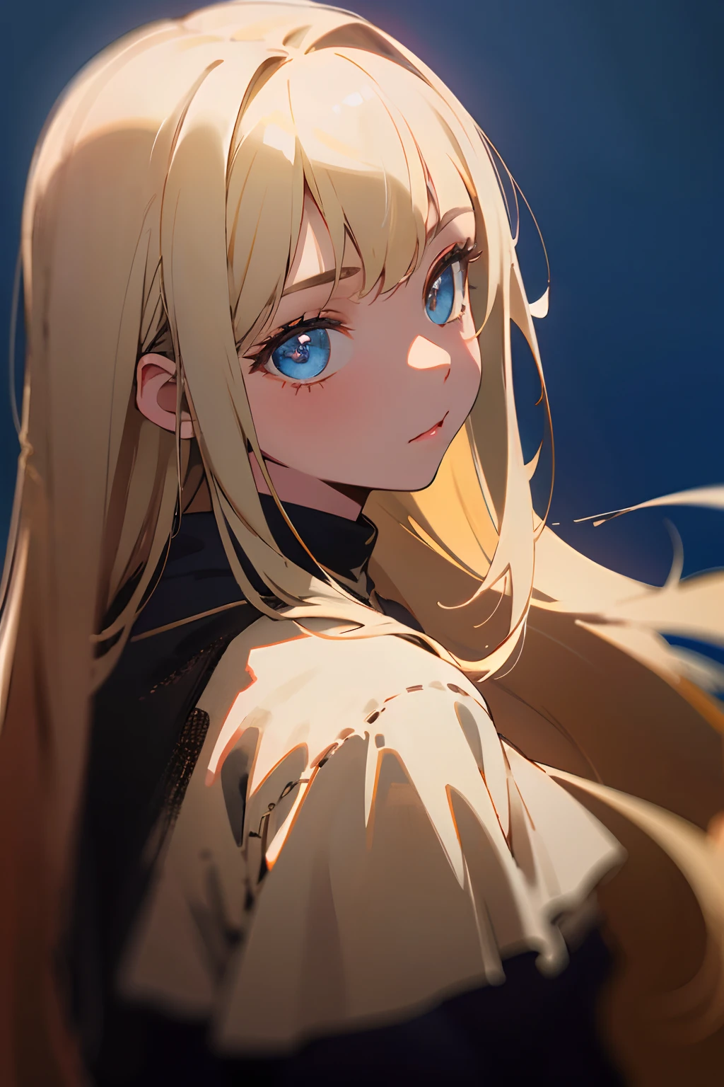 a 20-year-old woman, long blonde hair, blue eyes, dark theme, soft tones, soft colors, high contrast, (natural skin texture, hyperrealism, soft, sharp light), blue background, simple background,