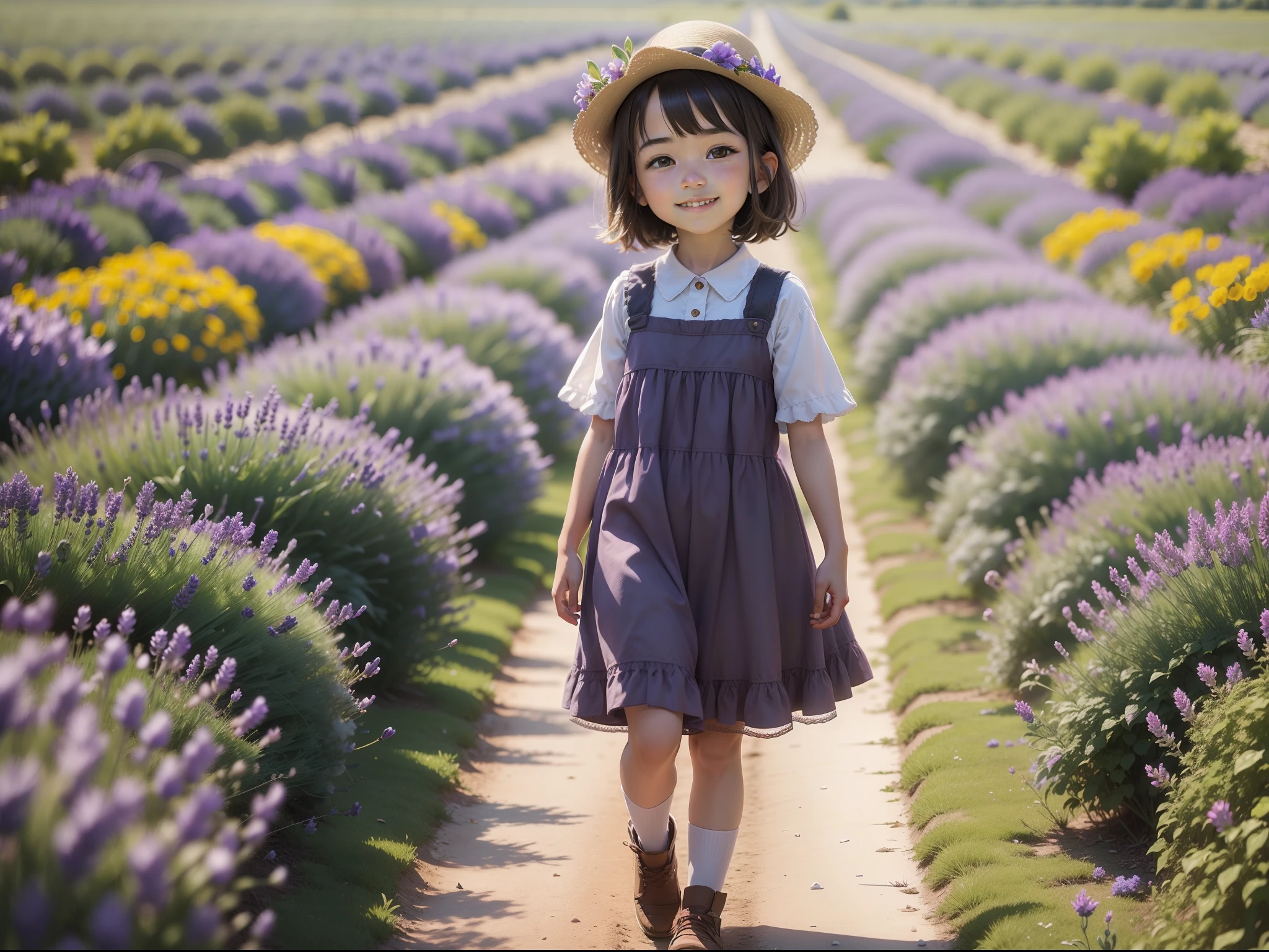 The  girl walks in the flower field, Smile at the camera. Lavender Garden in Ili, k hd.