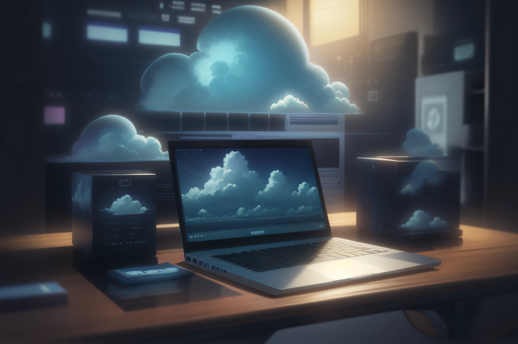 um laptop sentado em uma mesa com uma nuvem na tela, armazenamento em nuvem, servidor em nuvem, Computador e hologramas, Shutterstock, Clouds on the surface, a computer rendering, em um fundo escuro, Cloud, dispositivos de alta tecnologia, O melhor no Adobe Stock, Tecnologias, Nuvens de volume, photo rendering, nuvens fora das janelas, 3d computer render