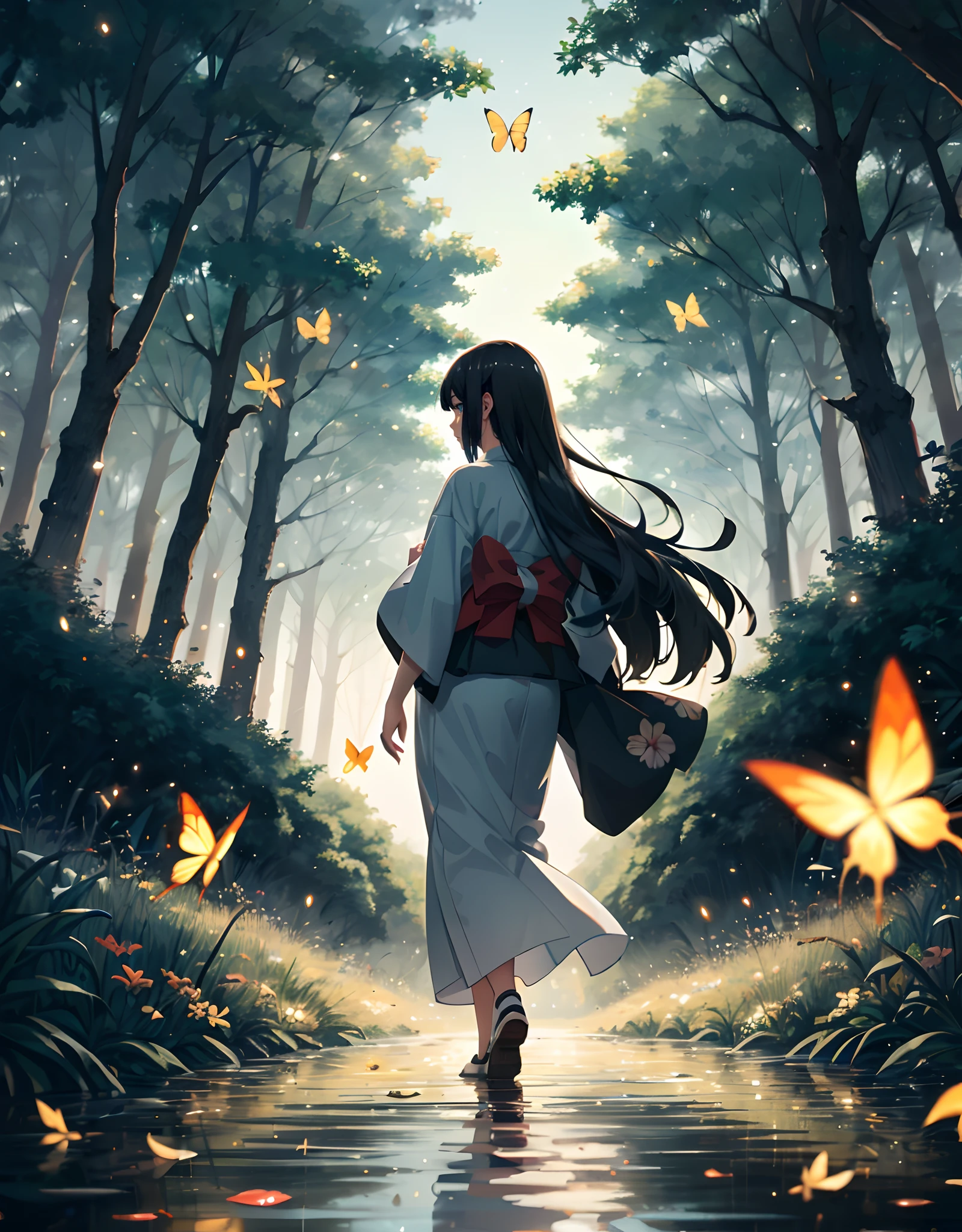 Landscape, Anime landscape field of glow flowers and glow butterfies flying around in the standing back japanese girl with yukata, butterflies, many lots of glow butterflies, fireflies, many lots of fireflies, makoto shinkai, kimi no nawa meteor, anime art wallpaper 4k, Top quality masterpiece, deep focus, macro shot, fliying fireflies, lots lamp, falling leaf, falling leaf is a smooth glow light, glow, anime, object, girl (girl walking a long masterpiece) (long object), color combination masterpiece, glow light, dark morning, reflection, beautiful anime scene, japanese concept landscape art, volumetric lighting, bokeh, anime beautiful peace scene, many lots of fliying butterfly glow, pure lanscape, 4k beautiful anime, intricate, elegant, point of interest photography, perfect dark morning landscape anime (masterpiece, side glow lighting, finely detailed beautiful clear dark lanscape), long hair, lots of hair, ray of light, rule of third photography, point of interest photography, perfect landscape color tone, leaf, falling leaf, Fog, saturation glow light, solid sky, wonderful composition