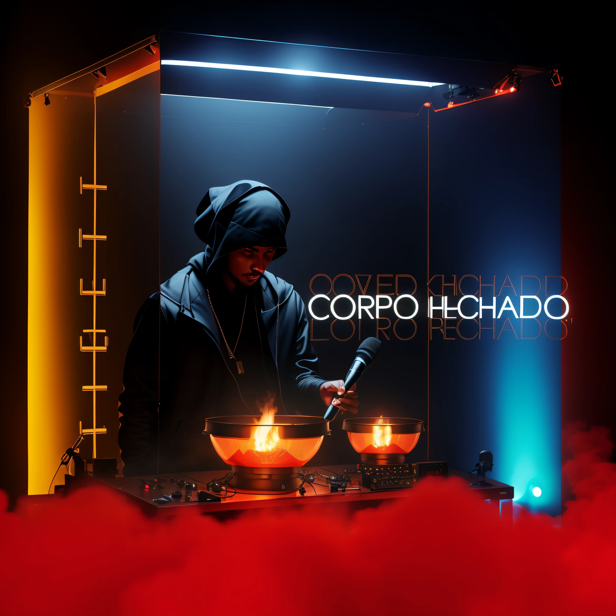 Black hooded man holds microphone in hand in front of a crowd inside the red smoke, arte para cd