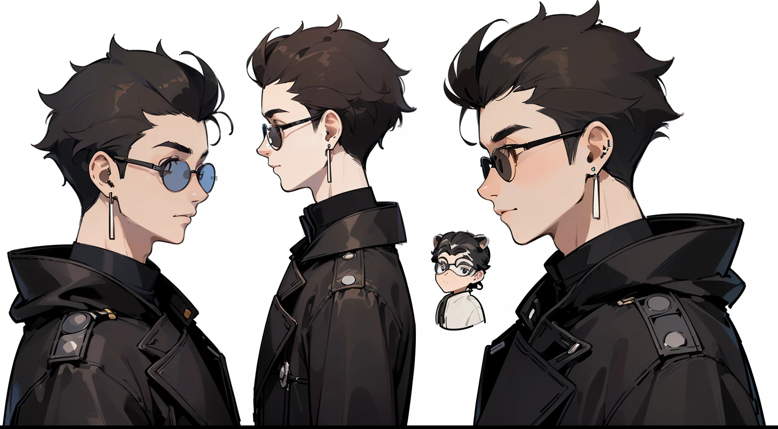 ((best quality)), ((masterpiece)), ((realistic)) 19 years old, boy, short curly hair, relaxed happy face (((glasses |)), ((simple male earring)), ( (raccoon coat)), ((Simple artwork)), ((simple colors)), (((detailed character sheet, front view, side view, three-quarter view))) (((white background)) ) 3 heads half body.
