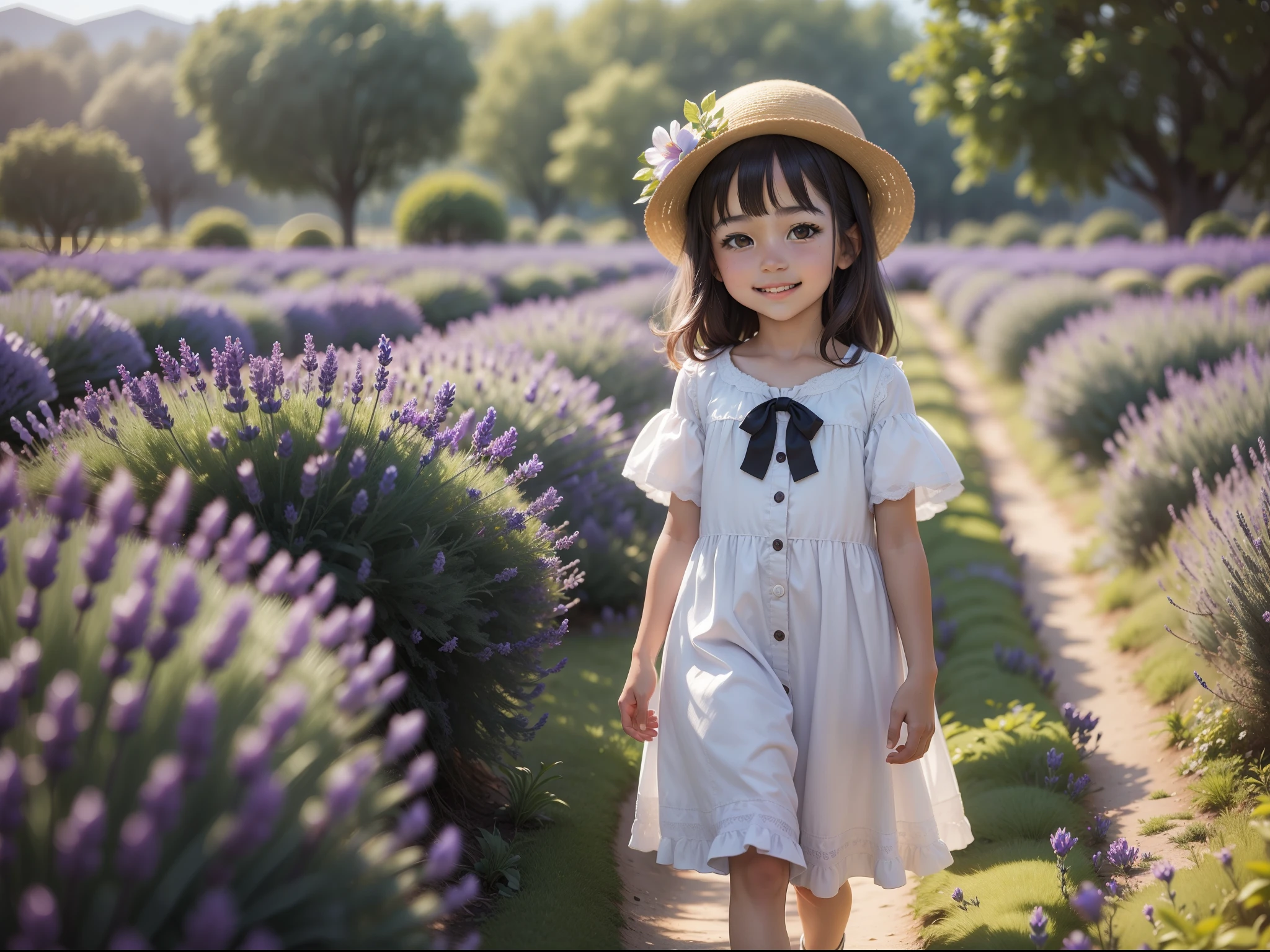 The little girl walks in the flower field, Smile at the camera. Lavender Garden in Ili, k hd.