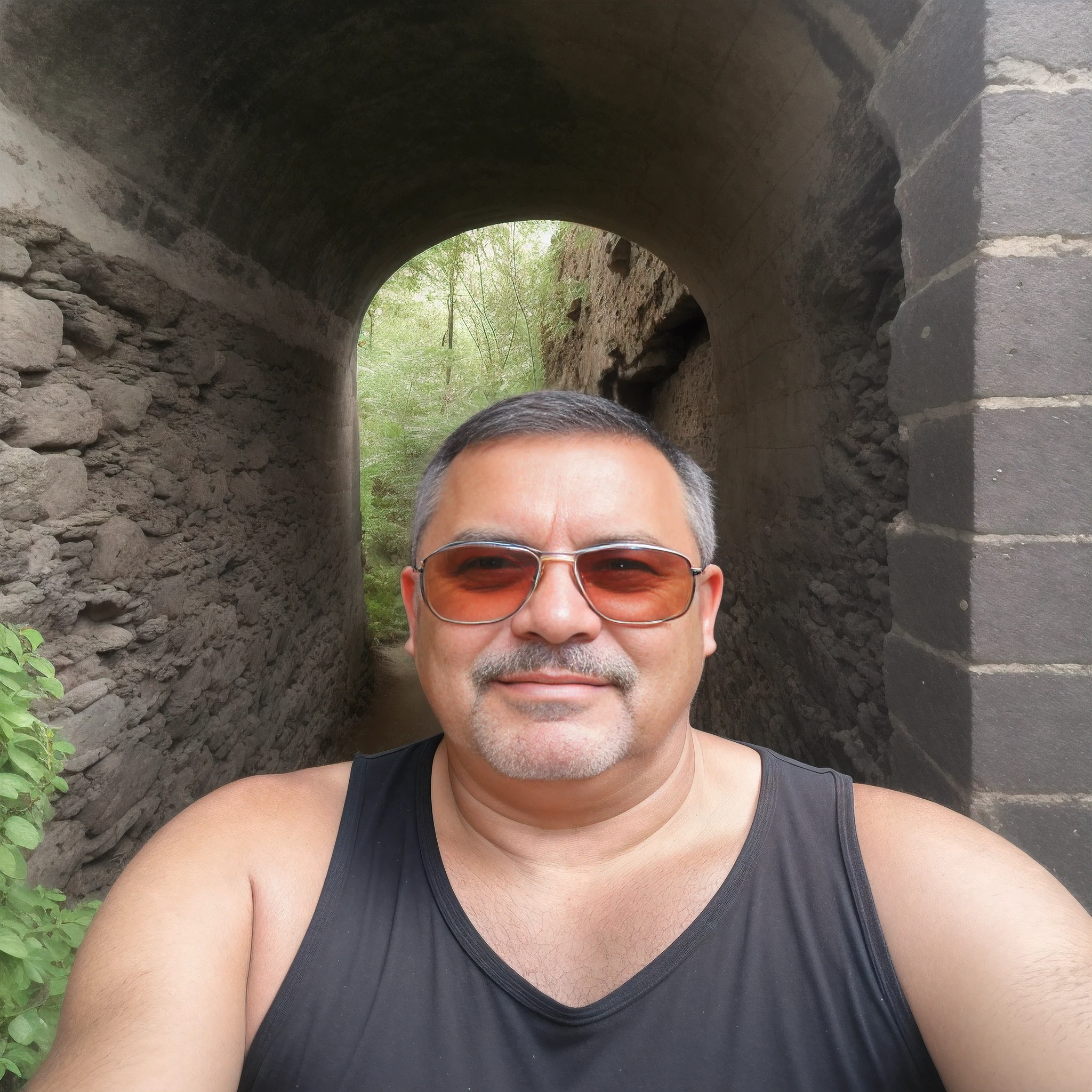 There's a man with sunglasses standing in a tunnel, stood in a tunnel, De pie en una gruta, in an old vault, selfie de un hombre, David A, Michal, en ruinas de la ciudad antigua, Artur Burdello, foto de retrato, only 3 / 4 Retrato, he's about 5 0 years old, he's about 50 years old --auto