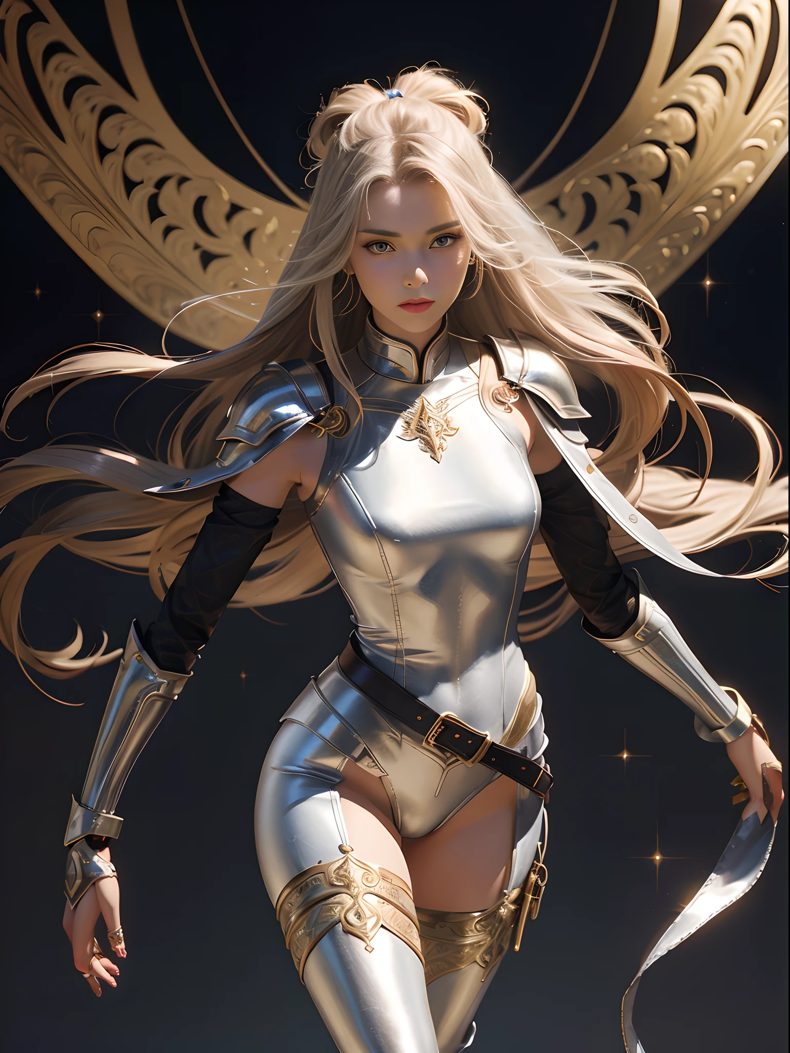 tmasterpiece,High-definition CG diagram,beautiful female warrior,Detailed eyes and face,Tall figure,All-platinum skinny armor,Sparkling armor,Ribbons flutter around the armor,metallic luster,Perfect metal,Extra-long leather boots,Over-the-knee leather boots,Inner over-the-knee stockings,Brilliant gold armor color,Exquisite decoration,General temperament,Tall figure,Wide buttock,Slender legs,A majestic sight,Stand in the war,Spandex tight underwear,Alone,Ribbons flew around you