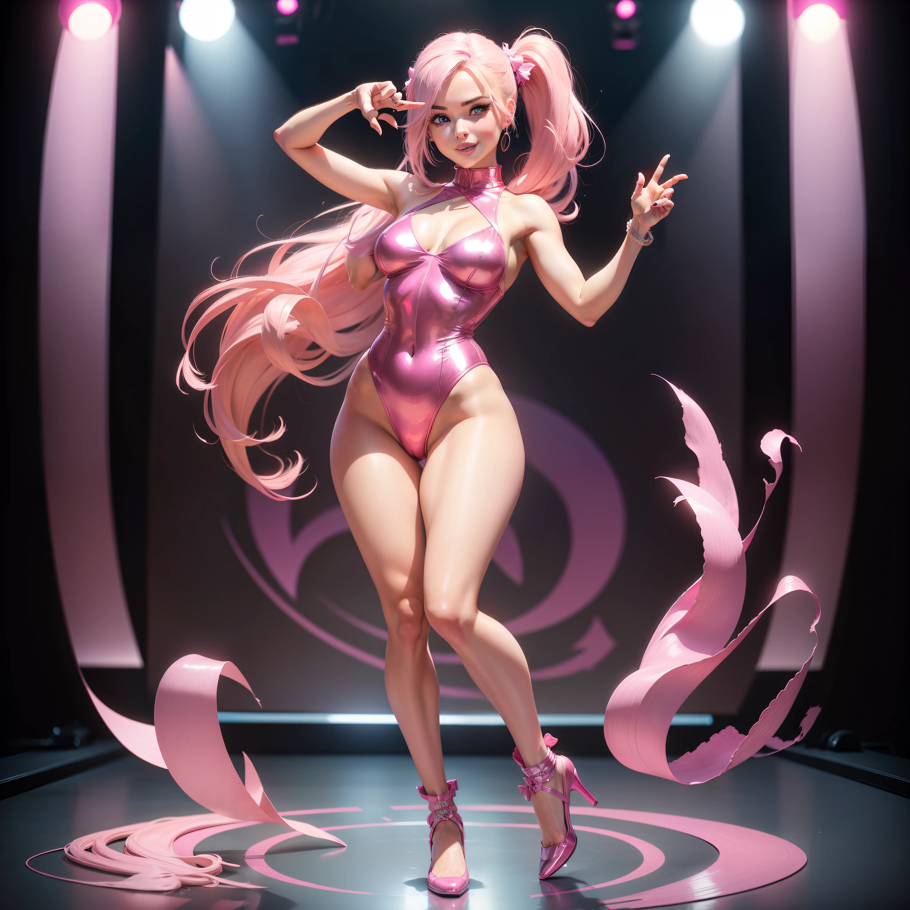 Barbie, ((Full body)), Blue eyes, Smiling face, Hair loss swaying in the wind, Hip Hop Singer Pose, Dressed in hip-hop style, Wearing a shiny pink leotard, With a pink bow on the arm, Fashion, Extremely high quality, high details, 8K, clean back ground, in studio, ((Full body shot)),Fingers are realistic,Accurate Hand Modeling,