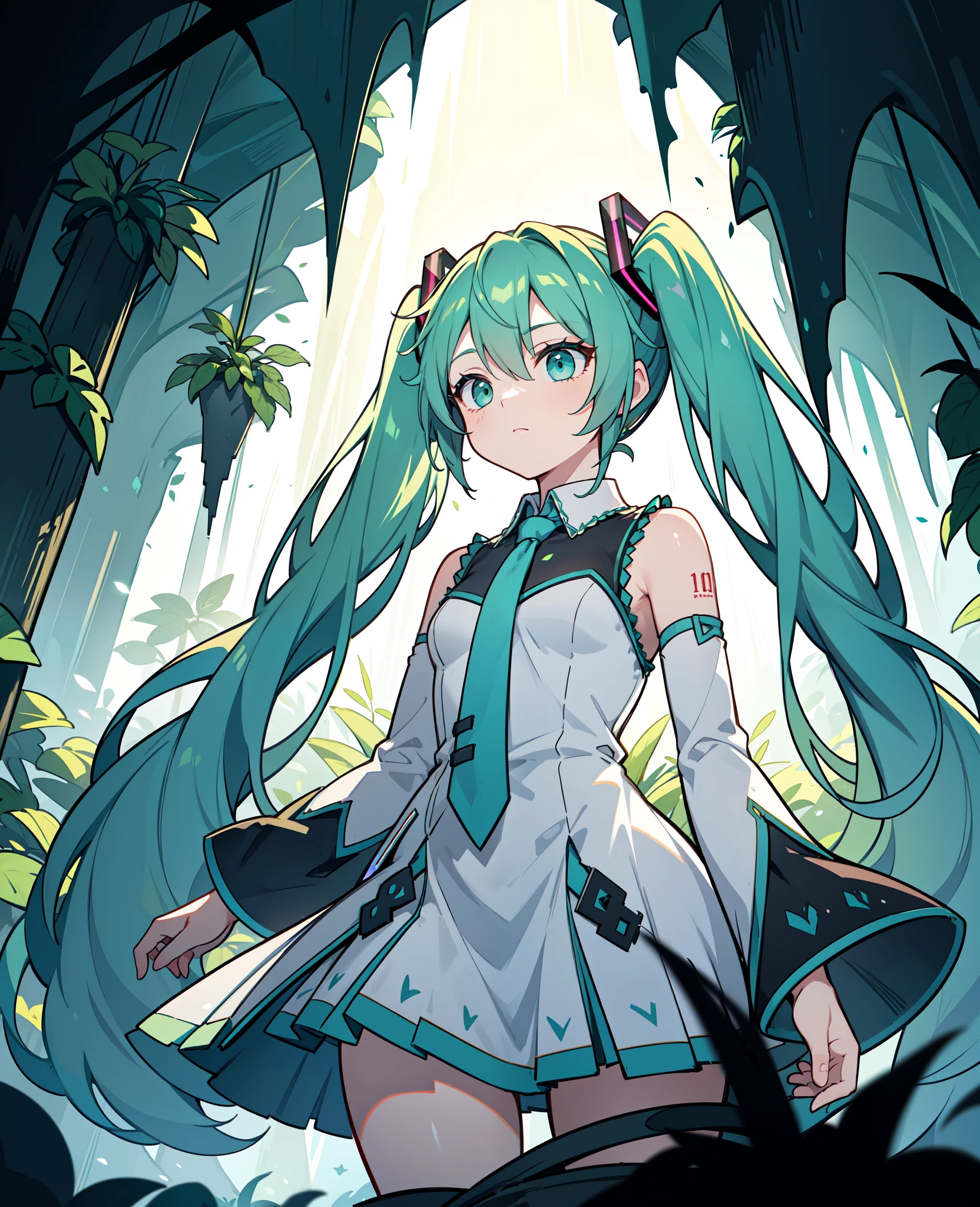 Within a dark cave with an opening at the top, zenithal lighting, bright plants gently illuminating the surroundings with a green hue, thick thighs, wide hips, mature female, (dramatic light:1.3), 
woman, hatsune miku, solo, dress, flower, long hair, white dress, twintails, very long hair, hol