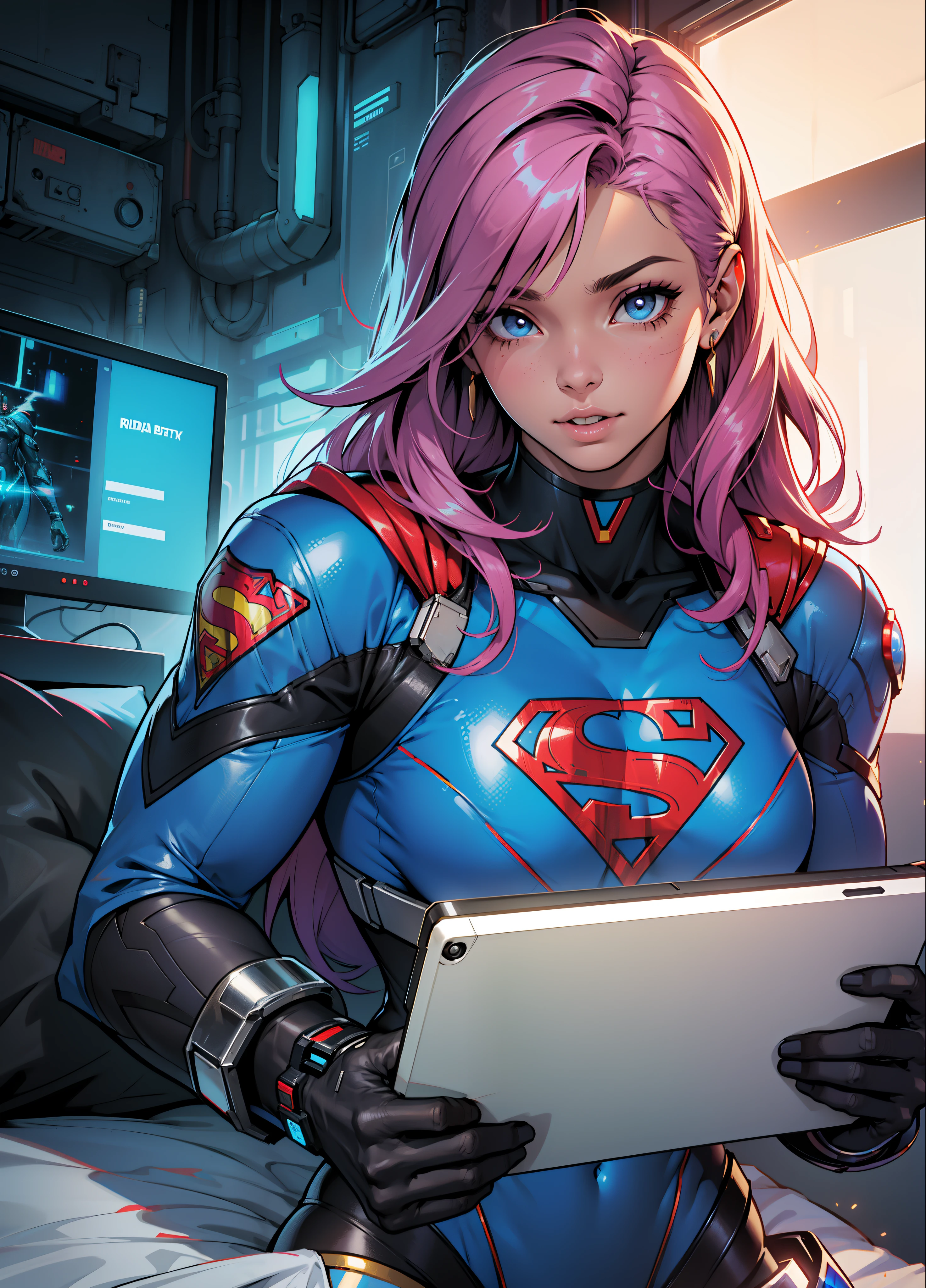 Supergirl pele molhada, (pele branca), pale skinned, juicy lips, (cabelo totalmente loiro encaracolado), Grandes olhos azuis, peito inchado, juicy lips, abdominais, estilo futurista cyberpunk branco. corpo perfeito, hand perfect, perfect feet.  (Loira cyberpunk), cordas cyberpunk brancas, (golden breastplates), meias transparentes brancas cyberpunk. Ela deitada em uma cama futurista em StarCraft cyberpunk futurista preto e branco. Ler um tablet, toca o cabelo, visible whole body, Supergirl Cyberpunk Superheroine Costume.  com letra S do superman ao fundo. , mulher loira,  sem nenhum defeito.