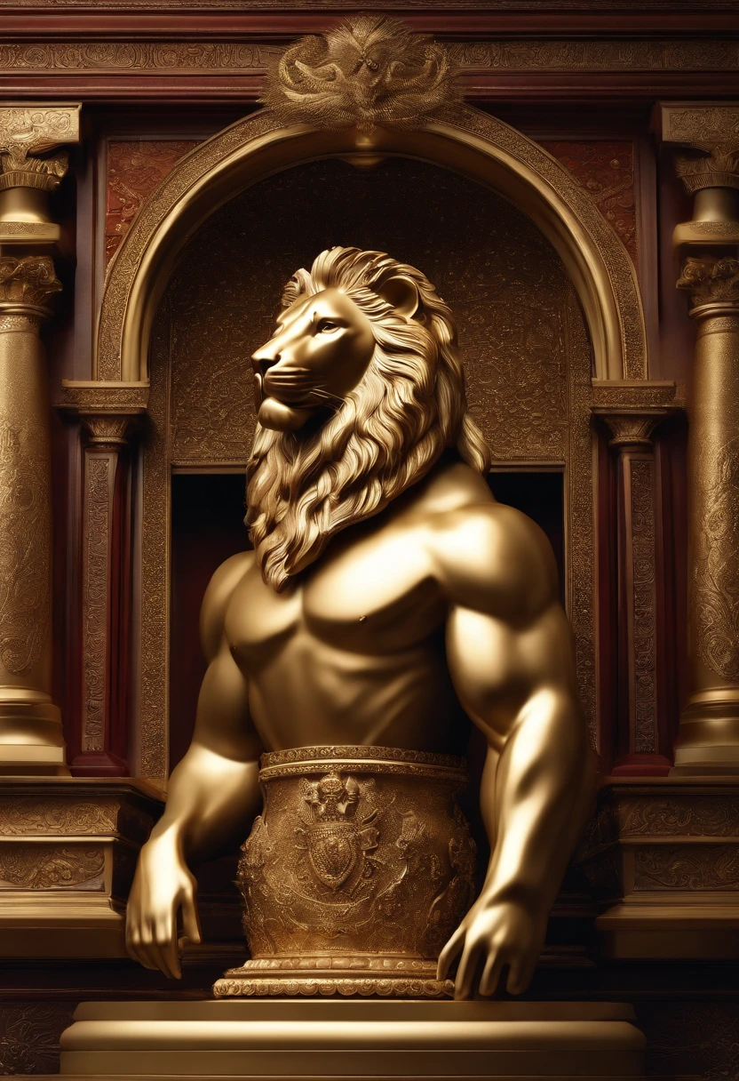 Stoic statue of a lion, cinematic Seneca style Hercules 4K, with muscles and dark background.