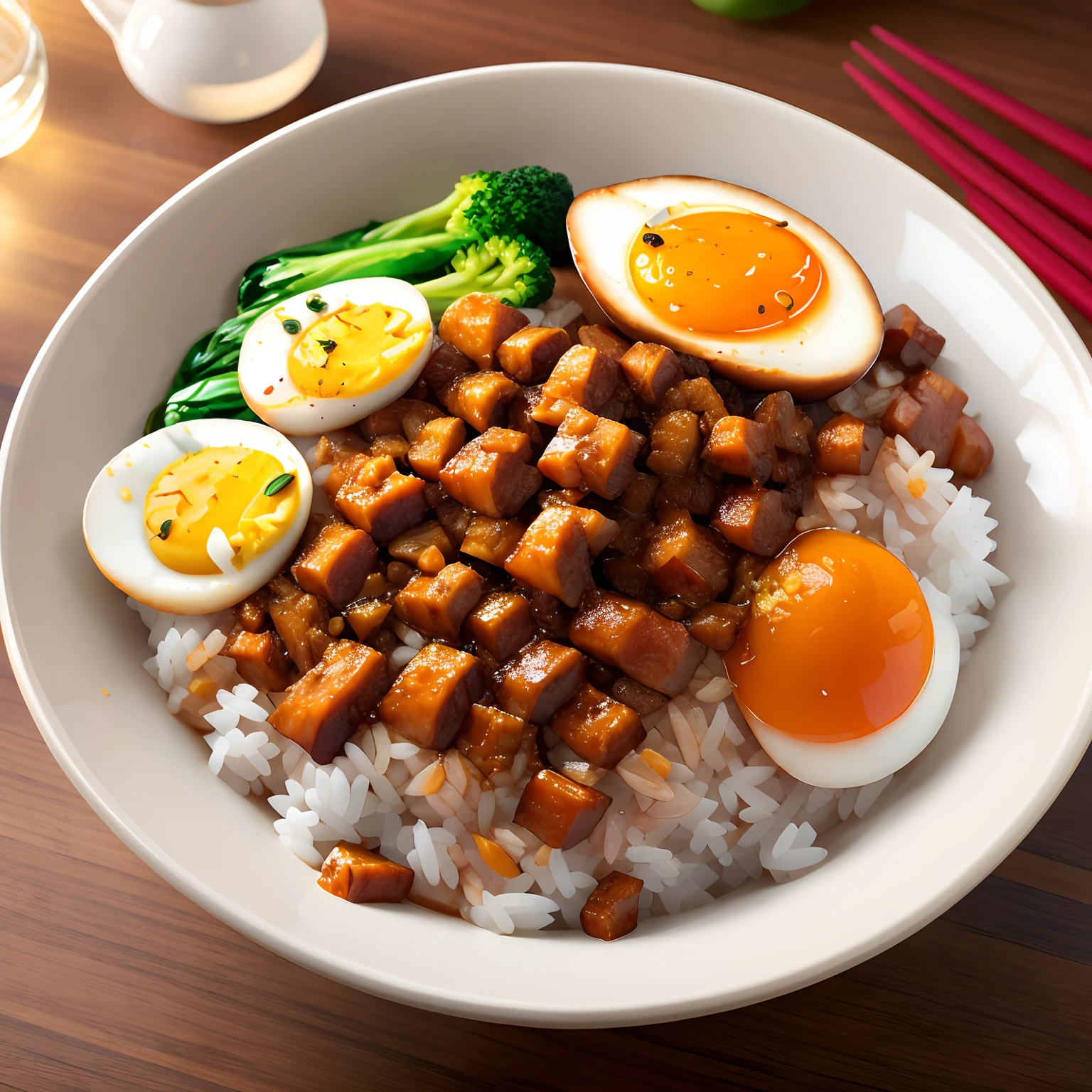 a bowl of braised pork rice, egg, vegetable, ((masterpiece)),illustration,high detail, soft lighting, delicious, colorful, aesthetically pleasing, studio lighting, trending