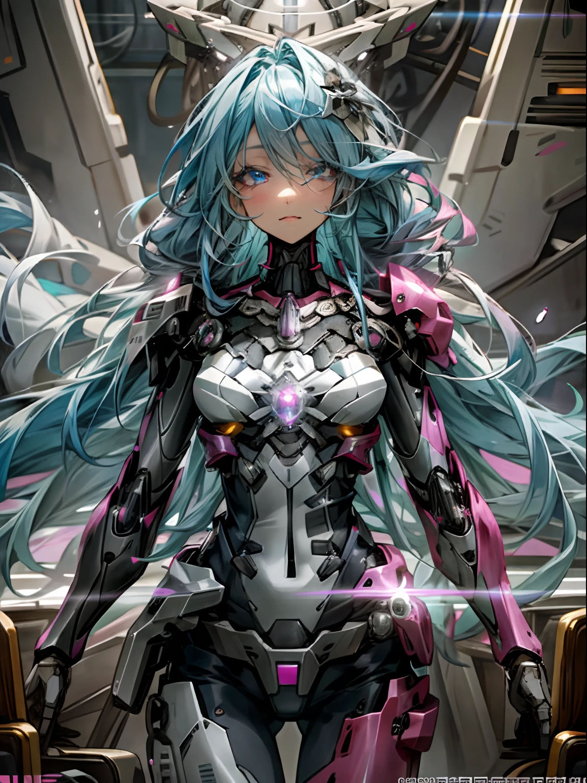 (Masterpiece, Highest quality: 1.3), (16k, high resolution: 1.3), Beautiful teenage girl, (blue flowing hair), flowers on head, pink armor, Mechanical body, Transparent skin, Cinematic light, with light glowing, Very cute and beautiful Korean woman idol, full bodyesbian, staring at the audience, Firm and dignified eyes, gorgeous, goddess, by sakimichan, beautiful face, beautiful eyes, beautiful mouth, trending on Artstation, cowboy shot