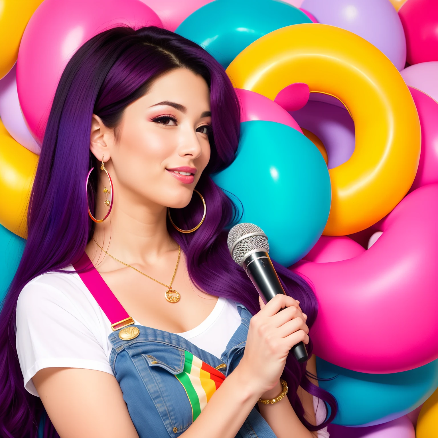 "(Mature and realistic portrayal:1.2) Sailor Mars exuding confidence as she holds a microphone, her purple hair cascading down, adorned in stylish rainbow denim clothes from the 2000s, with a backdrop filled with donuts."