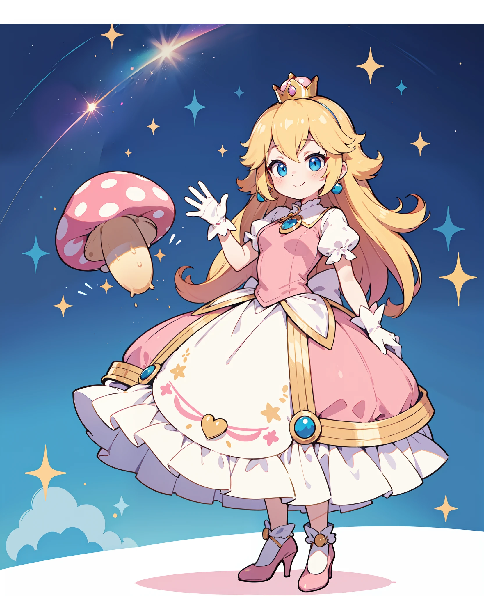 (masterpiece, best quality:1.2), 1girl, solo, (flat color:1.1), (princess peach:1.1), from the mario franchise, pink and gold, long blonde hair, large breasts, pink dress with puffy sleeves, white gloves, pink high heels, blue eyes, gold crown, royal demeanor, standing in the mushroom kingdom, waving with a warm smile, hopeful and kind expression, (simple background:0.3), (solid circle eyes:0.7)