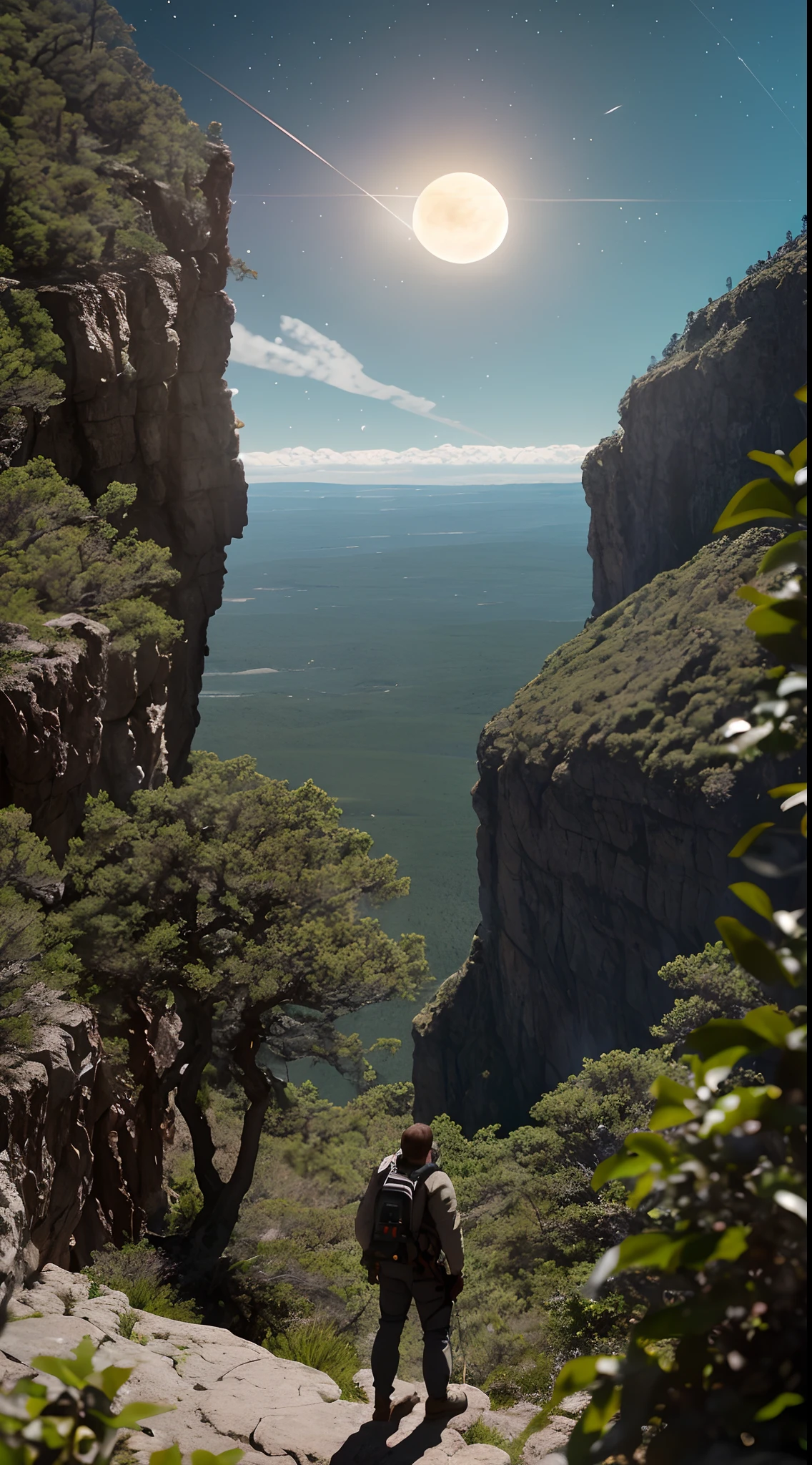 (estilo 35mmstyle:1.2), Foto de cor RAW altamente detalhada, back corner, corpo inteiro, ao ar livre, (Standing on a High Cliff Rocky Mountains, Looking at the magical lush green forest on an alien planet), vivid detail, (science fiction), (Montanhas: 1.1), (lush green vegetation), (two moons in sky: 0.8), (Very detailed, ultra detalhado, Complexo), (Reflexo da lente: 0.7), (fulgurar: 0.7), particle effects, ray tracing, Cinematic lighting, profundidade de campo rasa, Filmado em Sony a9 II, Lente grande angular de 35 mm, Clear focus, Filme, de Gravity 2013, view from behind, Dynamic angle