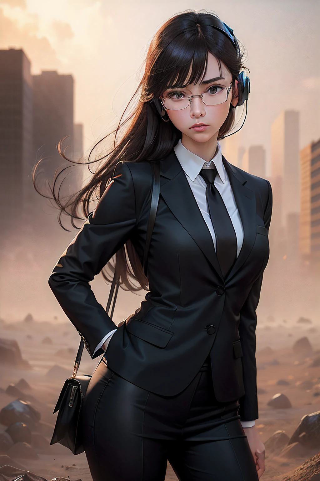 rimless eyewears,Business suit,schoolgirls,Single horsetail,brunette color hair,ruin background,Black eyes,slanted bangs,MagazineCover,Masterpiece,Expensive watches,sandstorms,Over-ear headset,Sad expression