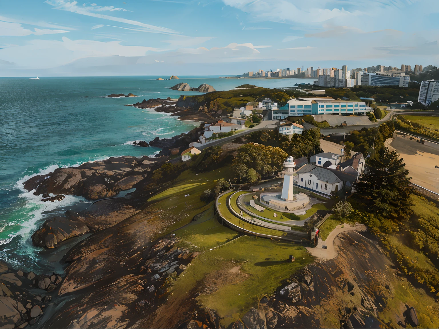 recrie a imagem em aquarela, Aerial view of a lighthouse on a rocky coastline with a city in the background, Directed by: Felipe Seade, Fotografia de drone 4k, farol da barra, salvador, fotografia de drones, Tiro de um drone, Malika Favre, Directed by: Luis Miranda, Directed by: Fernando Gerassi, fotografia de drone, Tiro de drone, Ponto de vista do drone, fotografia de cima, visto de cima, pintura em aquarela, oil painting on canvas