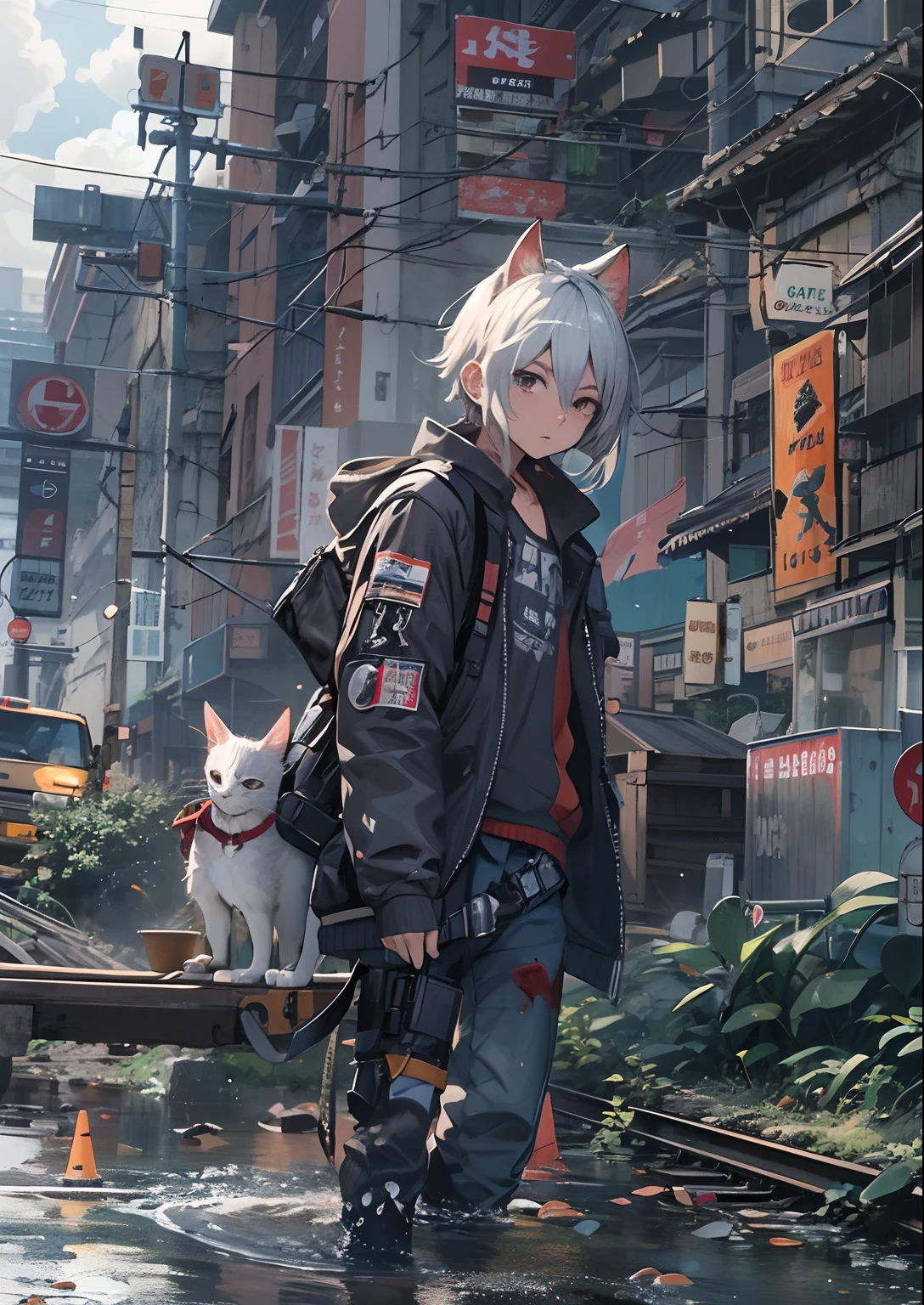 1boy,male ,Cyberpunk Boy、katanas,machine gun、Cat's ears、silber hair、poneyTail、Whole body bloody、The beginning of the adventure、Into the cloud、Chaotic city of the future、ruined and devastated city、Very complex Japan buildings、railroad crossing、trees、Warm lighting、puddles、Chaotic landscape、Beautiful and fantastic scenery、Cinematic scenery、hightquality、masutepiece,8K、hight resolution、ultra-detailliert,