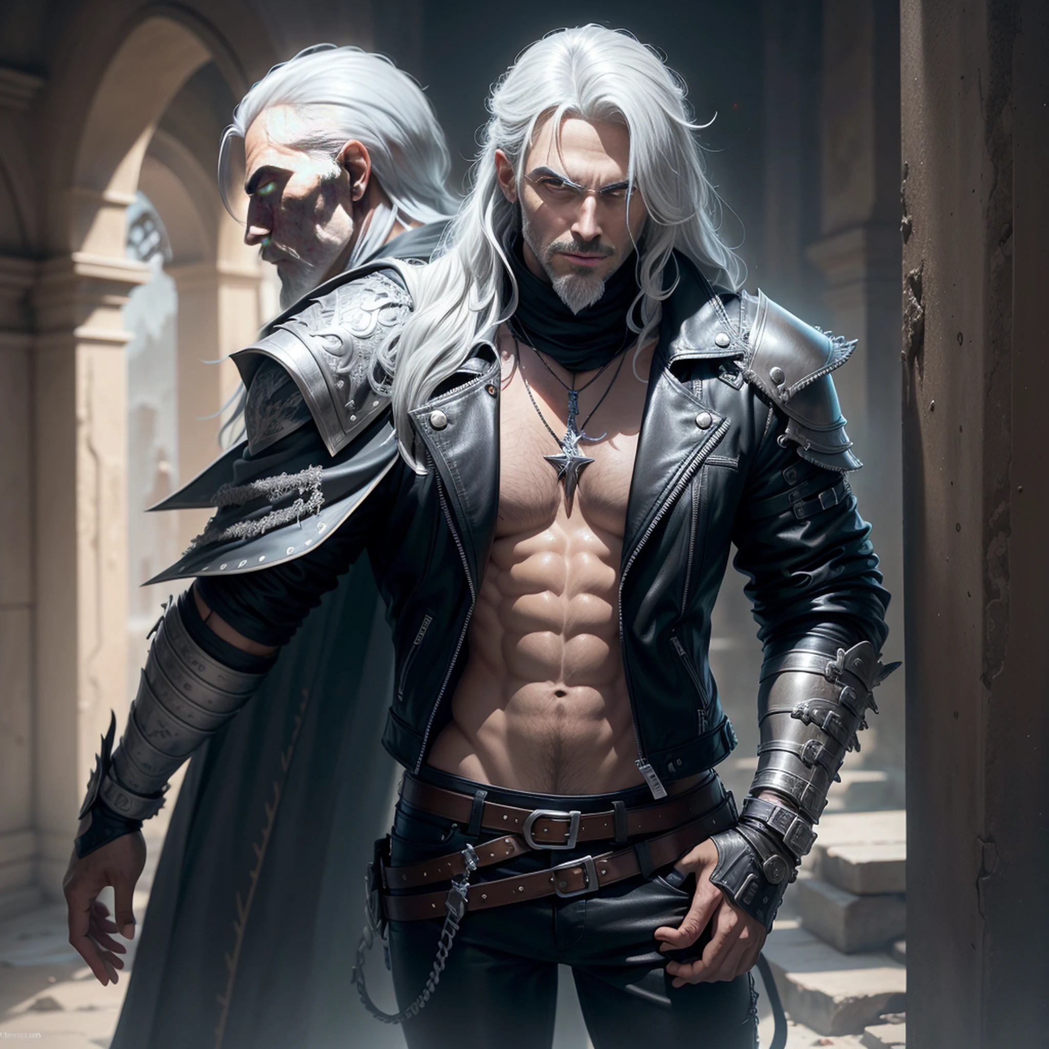 Desenhe um homem alto com cabelos prateados e olhos amarelos. He wears a leather jacket with metal accents and pants. Nas costas dele, desenhe duas espadas, one silver and one steel on fire. Ele tem algumas cicatrizes no rosto, a serious expression and a confident posture. Lembre-se de enfatizar seus cabelos prateados e olhos amarelos, which are its most striking features.