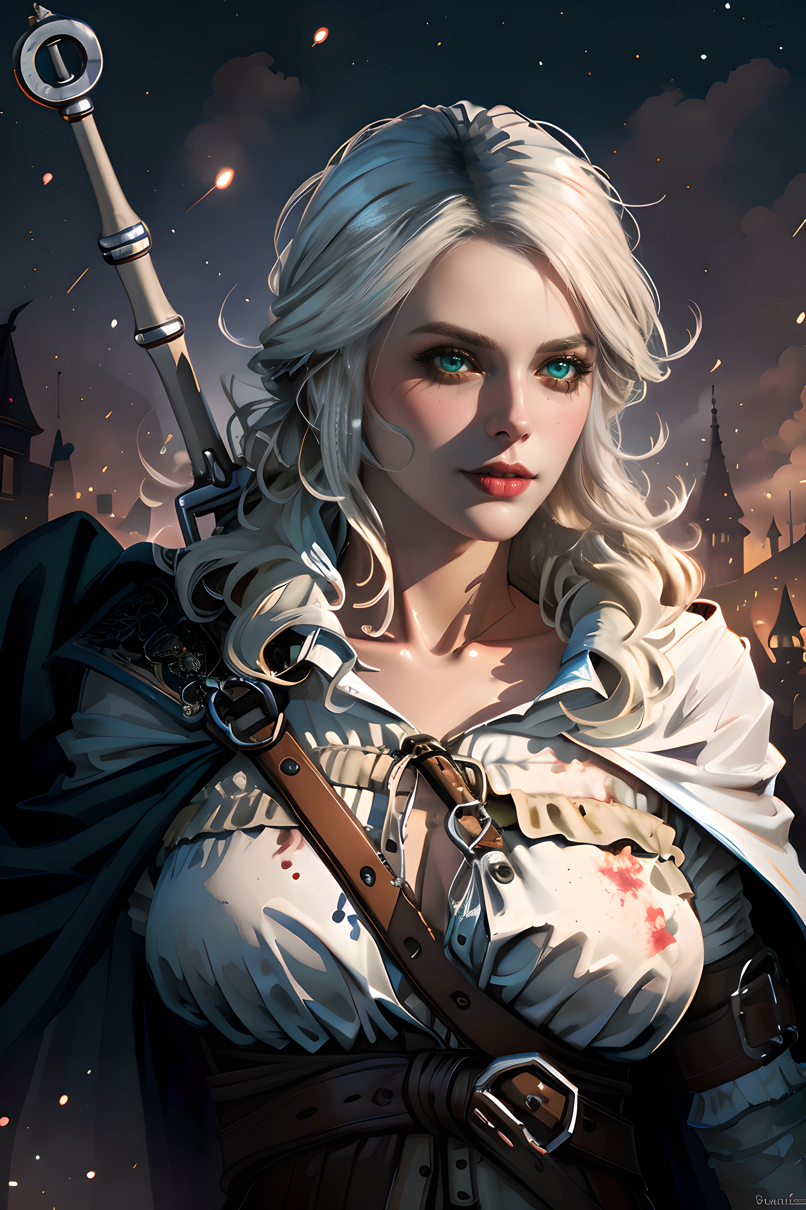 (masterpiece:1.3), (8k, photorealistic, RAW photo, best quality: 1.4), (1girl), (((Ciri from Witcher 3 with huge breasts))), beautiful face, (realistic face), beautiful white hair, realistic green eyes, beautiful detailed green eyes, (realistic skin), beautiful skin, (sweater), absurdres, attractive, ultra high res, ultra realistic, highly detailed, golden ratio