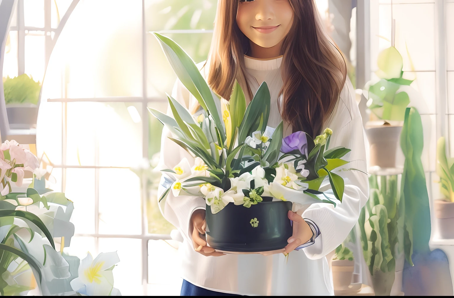 One with long hair,Smiling girl standing in indoor plant shop,Holding a pot of beautiful flowers in his hand,Cartoon watercolor style,Hayao Miyazaki