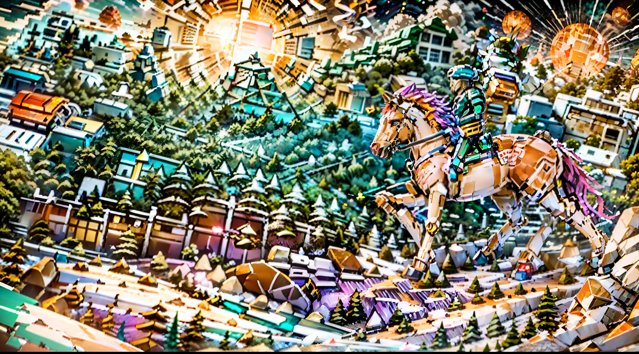 In the beautiful illustration of this super-grand scene，The ultra-long-range lens is shown（Over eight unique centaur characters：9.9），They all have their own characteristics，Vivid and interesting。Radiant angelic centaurs from the heavenly realm，To the hellish centaurs surrounded by nightmarish flames，And then to the Wind Fairy Centaur dancing in the air，There are also one-horned centaurs surrounded by thunder and lightning，and mechanical centaurs that shine with metallic light，And then to the powerful dragon centaur with colored dragon scales covering the whole body，The elegant and agile elf centaur always wears a flower crown with its slender graceful lines，Enchanting and charming Tiflin centaurs。Each character has their own unique charms and abilities。The illustration uses advanced artistic techniques and tools，（Divide the scene into sections by geometric arrangement：9.9），Each section corresponds to a centaur character，This makes more efficient use of space。Through Midjourney's advanced brush tools、Color palette、Material packs and model packs，For each centaur, beautiful props are designed to increase racial characteristics、Clothing and physical features，Enhances the character's personality and visual appeal。The scenery in the illustrations is stunning，There are changing skies、rainbowing、extreme light、Stars and Moon。Incorporating iconic landmarks such as Mount Everest，and fireworks、tranquil lake、Natural and urban elements of waves and neon lights，Creates a magical atmosphere。The centaurs display their unique abilities and equipment in a variety of environments，This is true even in extreme alien landscapes。（Use Midjourney's tools、Material packs、Texture tools、The color palette makes depicting details vivid and realistic：9.9），From complex hairstyles and as well as different racial traits、Body、Appearance features、Clothing to real textures，This greatly enhances the realism of the characters and surroundings。The fusion of multiple art styles adds movement to the centaur's