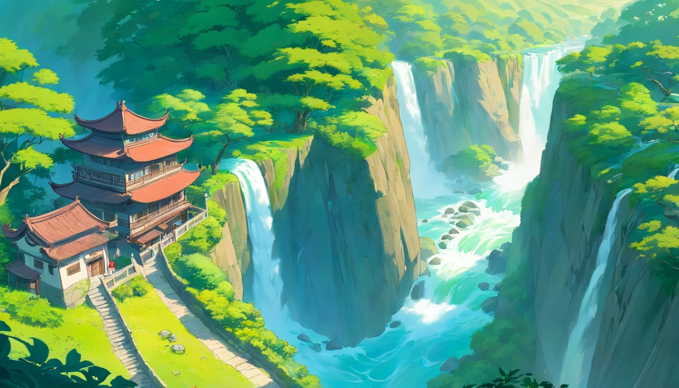 chinesse landscape ink painting high angle perspective, river, waterfall, small tree, 4K