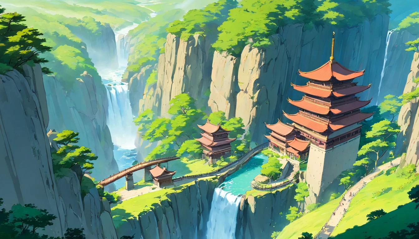 chinesse landscape ink painting high angle perspective, river, waterfall, small tree, 4K