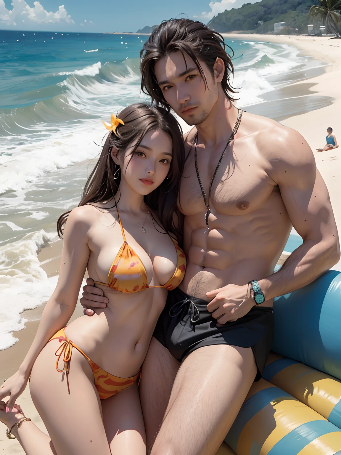 Um casal de amantes na praia homem e mulher, casal, (homem com cabelo militar laranja, wearing swim trunks with a colossal bulge) Mulher japonesa com cabelo preto longo, em traje de banho, Divirta-se na praia