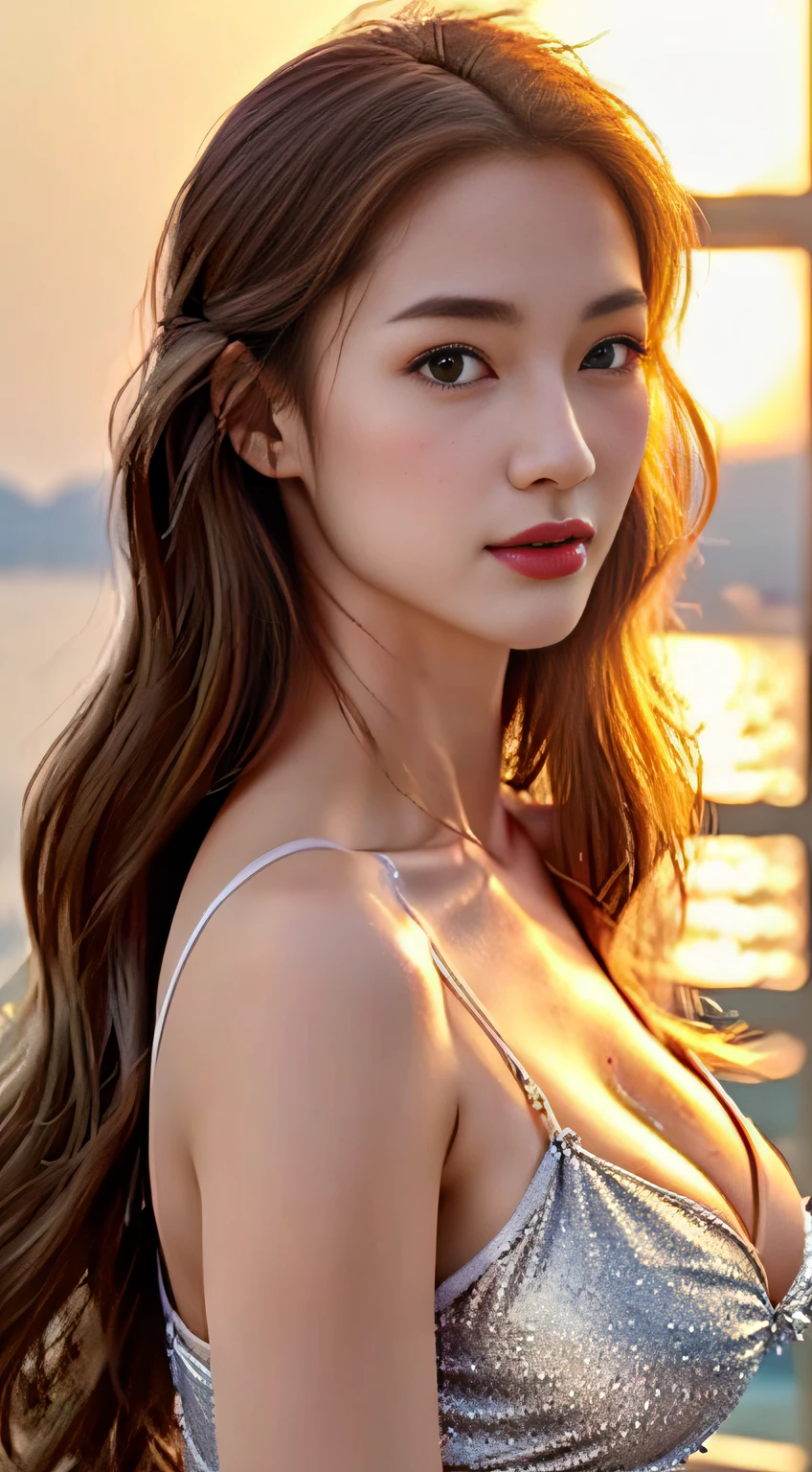top-quality。８K-Picture。Ultra-high pixel。The background is the sea。((Hair has a long silver wavy shape)),。Overall delicate quality and slender style。((Super Big Woman,amazingly massive breasts：1.9))。Close to the perfect woman。legs are long、thin waist。Shot in colorful bikini。face is、clear double eyelids。lofty nose。 lip。The contours are slim、Longer。((thinly tanned skin))。((Slender Giant Beauty))。One more thing、Small Devil。A woman with a cute but suspicious inner world。