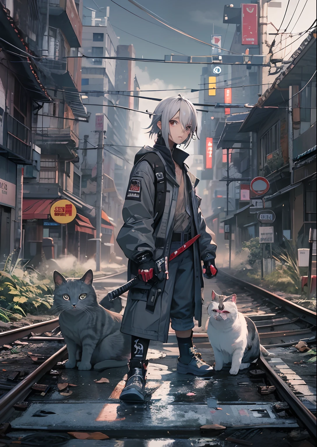 1boy,male ,Cyberpunk Boy、katanas,machine gun、Cat's ears、silber hair、poneyTail、Whole body bloody、The beginning of the adventure、Into the cloud、Chaotic city of the future、ruined and devastated city、Very complex Japan buildings、railroad crossing、trees、Warm lighting、puddles、Chaotic landscape、Beautiful and fantastic scenery、Cinematic scenery、hightquality、masutepiece,8K、hight resolution、ultra-detailliert,