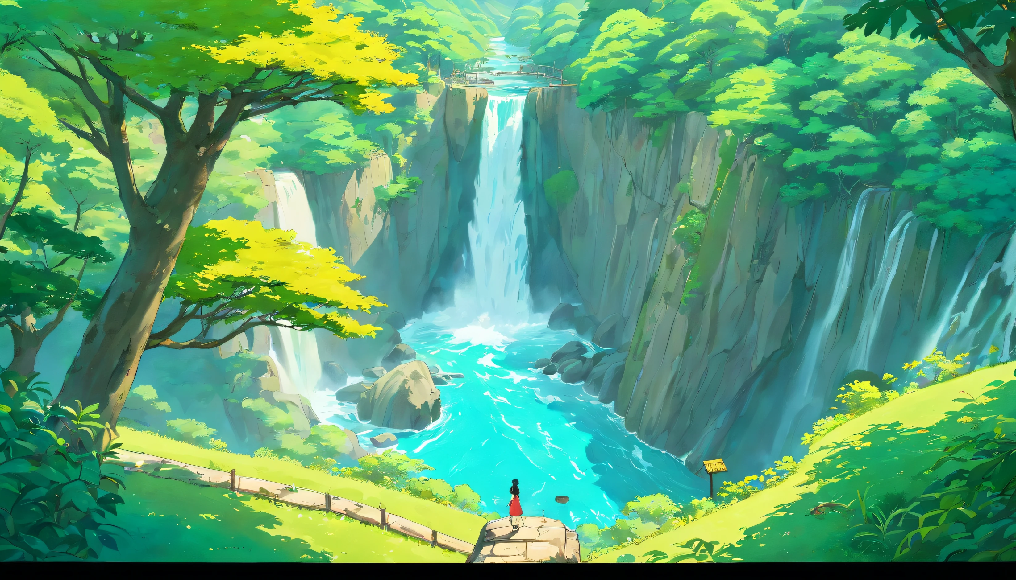 chinesse landscape ink painting high angle perspective, river, waterfall, small tree, 4K
