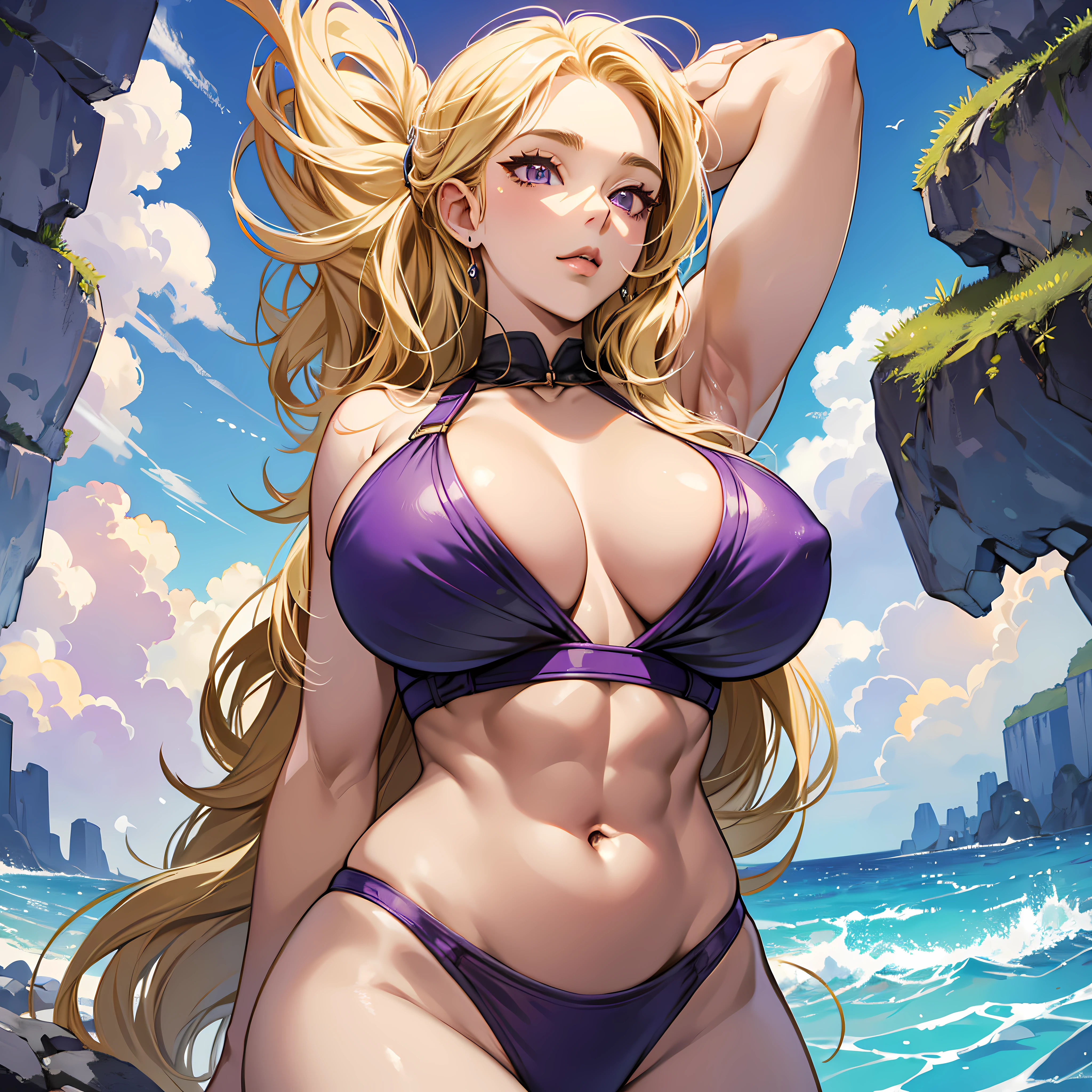 Two-dimensional style, bikini, blonde, purple eyes, big belly, abs, muscles, big breasts, huge breasts, huge breasts, big breasts, giantess, huge belly button, deep belly button, deep belly button, deep belly button --auto --s2