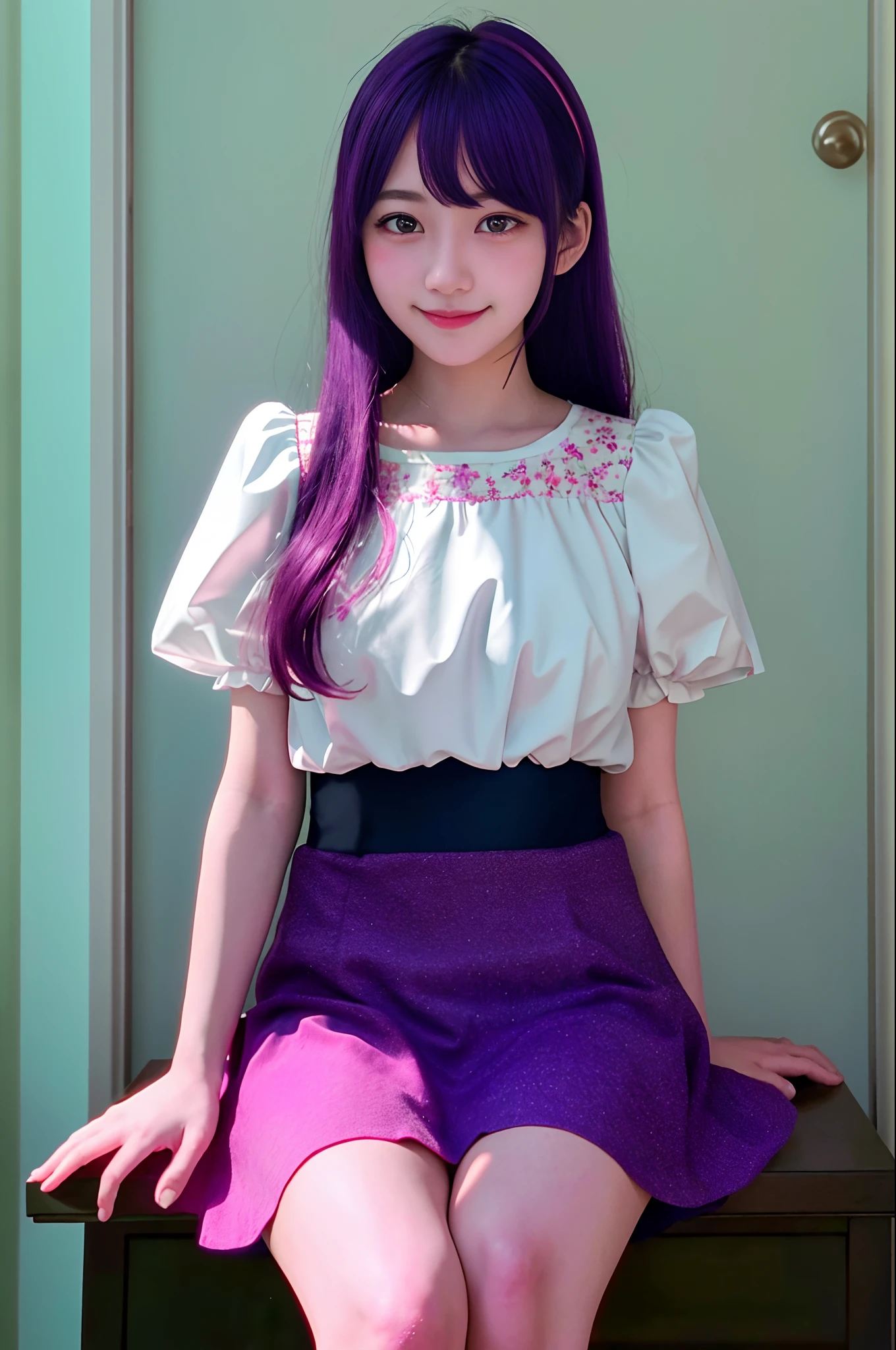 (​masterpiece)、(top-quality)、(ultra-detailliert)、intricate detailes、athena97、1girl in、独奏、Purple eyes、Purple hair、length hair、Star hair ornament、Medium Breath、、White Puff Sleeves、shortsleeves、、(Crimson pantyhose:1.2)、Yellow belt、purple sphere shape necklace、Red fingerless gloves、White short socks、a picture、A smile、red blush、Sunnyday、NSFW、shots、18year old