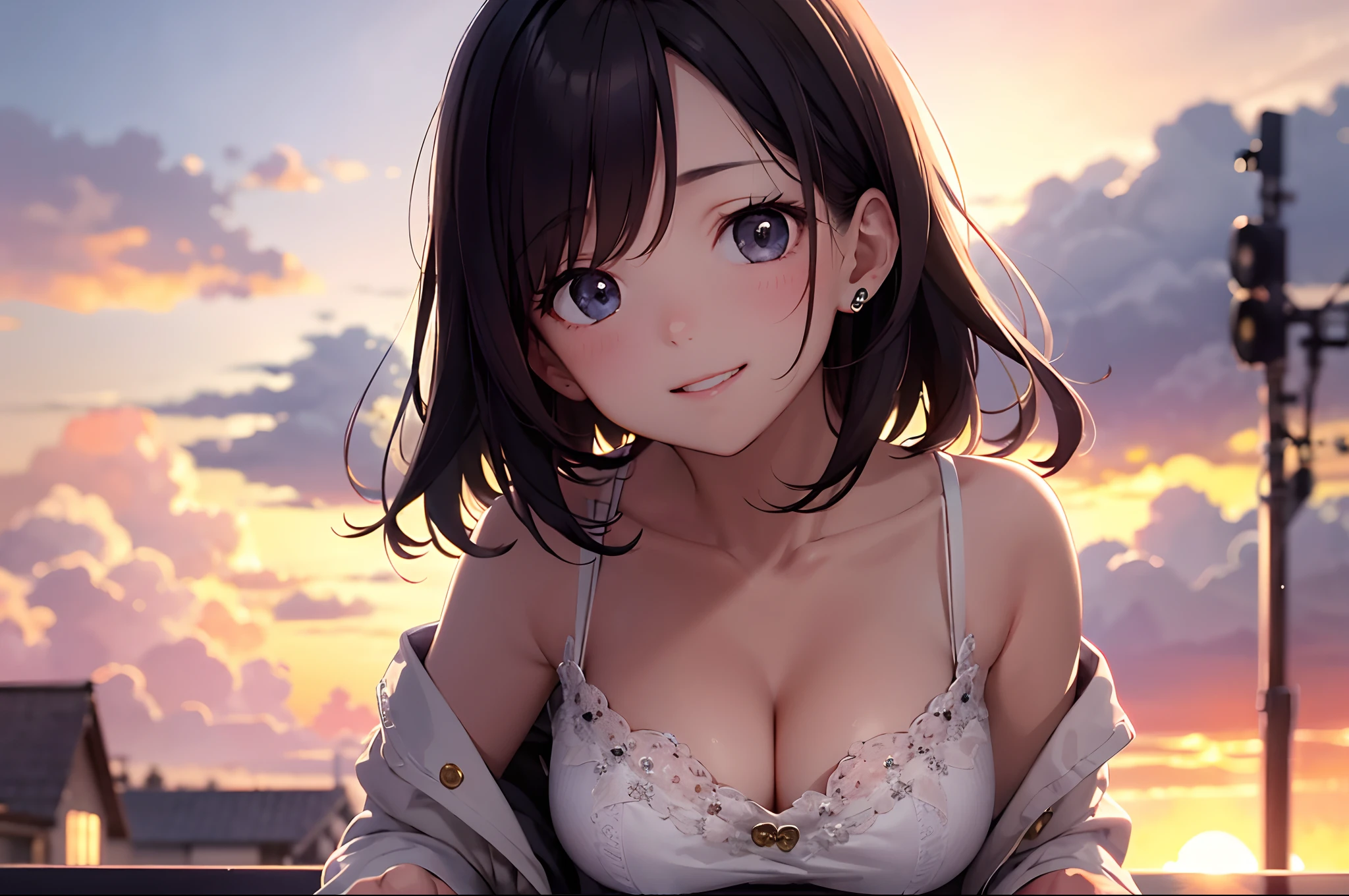 tmasterpiece,best qualtiy,cinematic Film still from,1girl,Cloud Girl,closeup cleavage,brightly,cheerfulness,Warm and soft lighting,the sunset,(spark of light:0.7),Comic style,underdressing